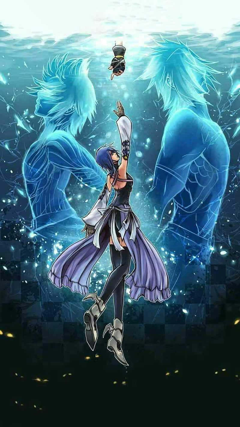 Kingdom Hearts Phone 桌布 壁紙 — 一個藍髮動漫女孩穿著紫色連衣裙，在水下兩個發光的藍色幽靈形體之間向上伸手。