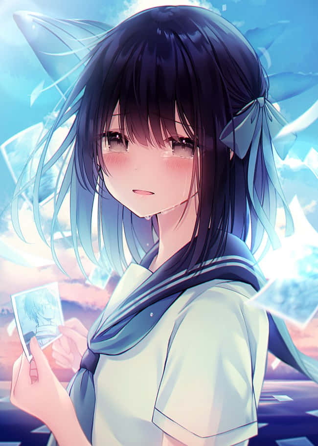 動漫女孩 桌布 壁紙 — 一個藍髮動漫少女穿著水手服，在發光的天空背景下，淚眼汪汪地拿著一張照片。