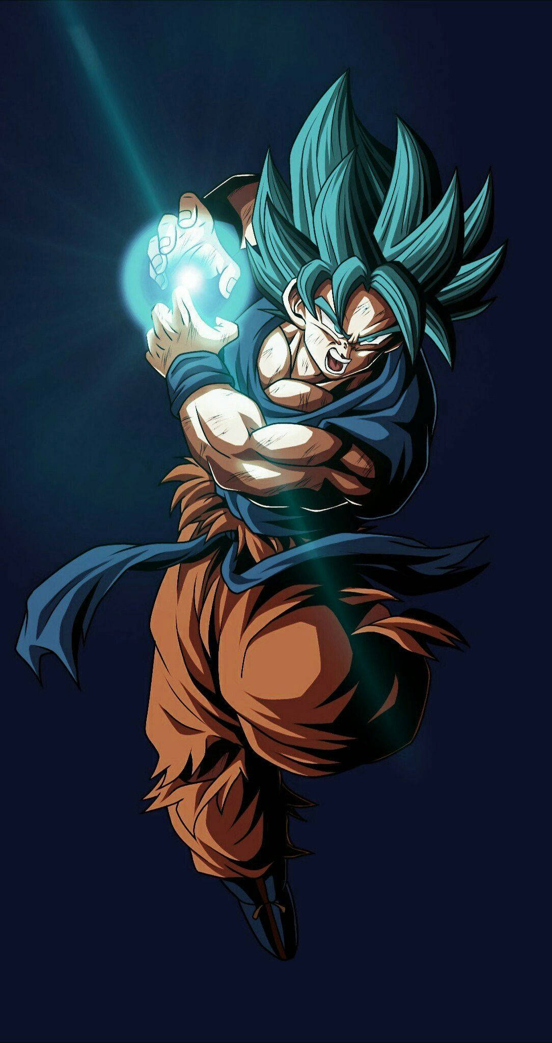 Dbz 桌布 壁紙 — 一個藍髮動漫戰士穿著橙色褲子在黑暗空間中引導發光能量。
