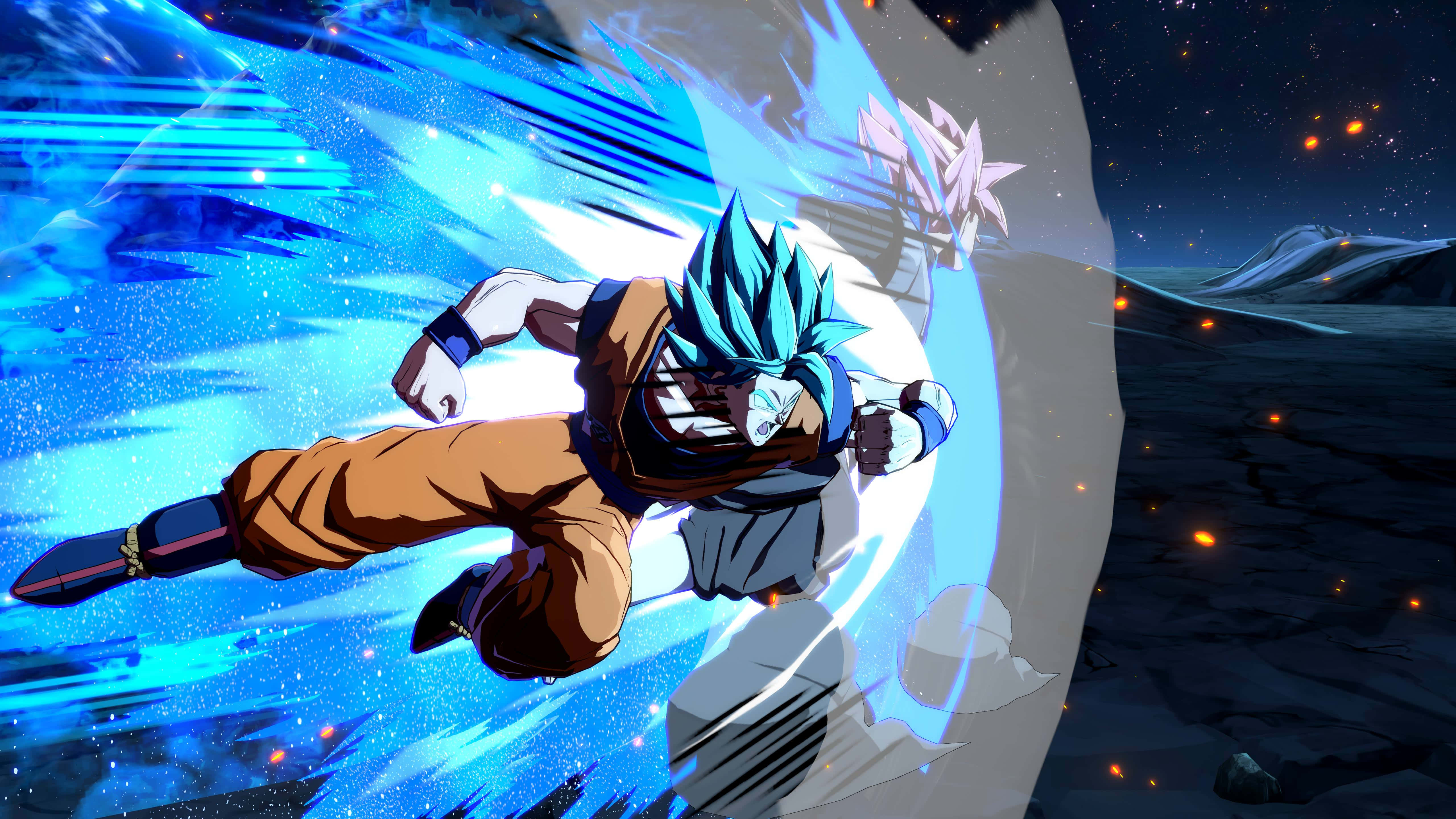 Dragon Ball Fighterz 桌布 壁紙 — 一個藍髮動漫戰士穿著橙色道服，帶著發光的藍色能量光環在太空中飛行。