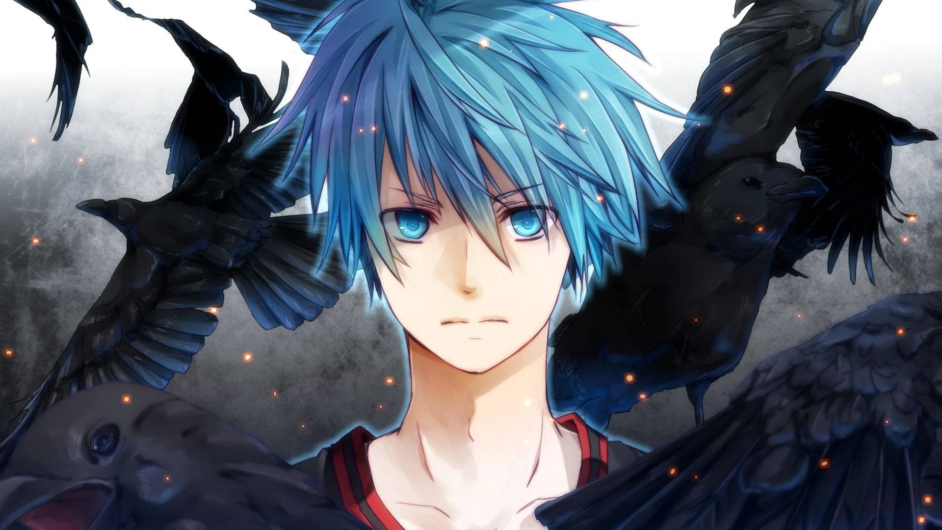 Anime Blue Boy 桌布 壁紙 — 一個藍髮動漫男孩，擁有銳利的藍色眼睛，被黑烏鴉包圍，背景是煙霧灰和發光的橙色火花。