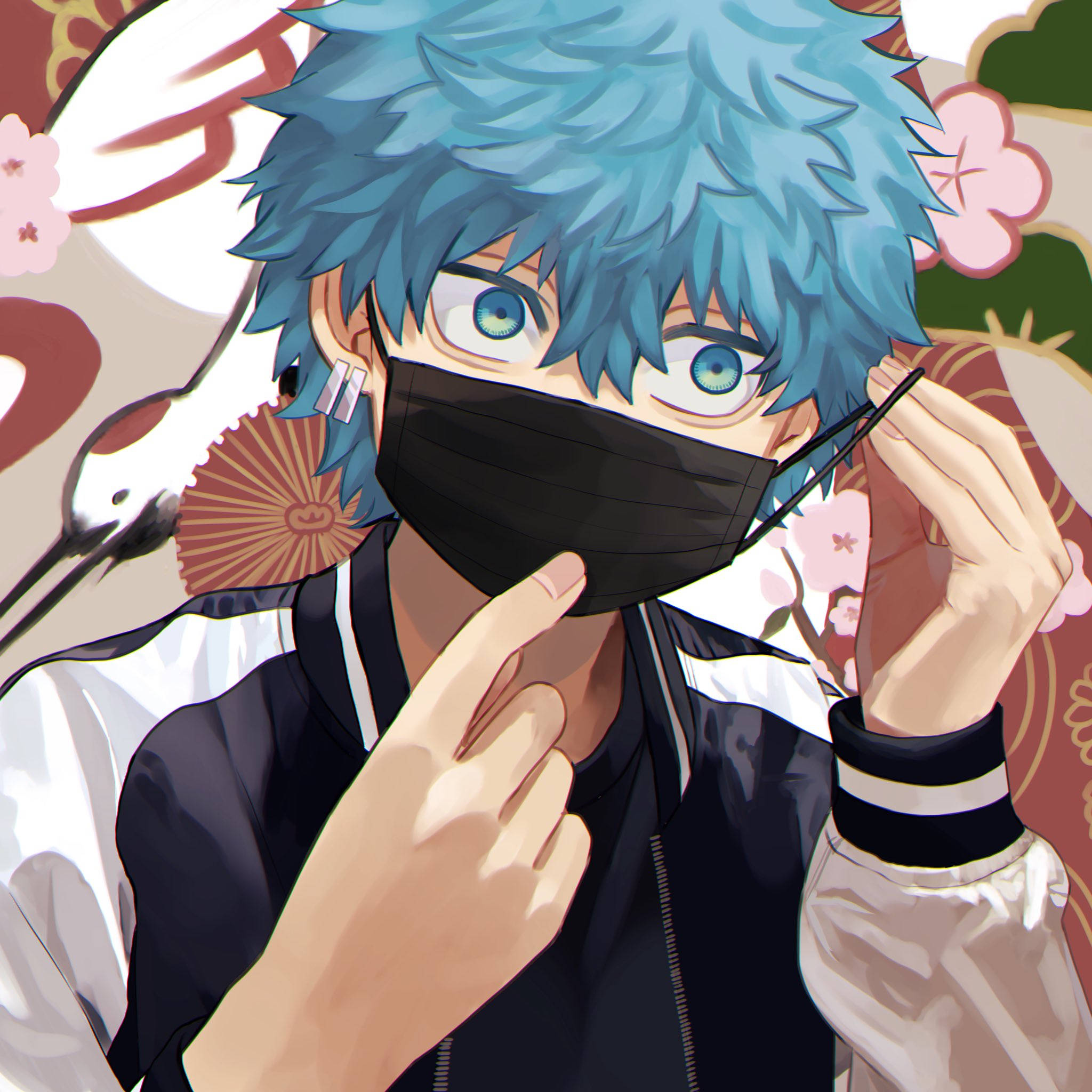桌布 壁紙 — 一個藍髮動漫男孩，有著引人注目的綠色眼睛，他拉起黑色口罩，露出頑皮的表情。