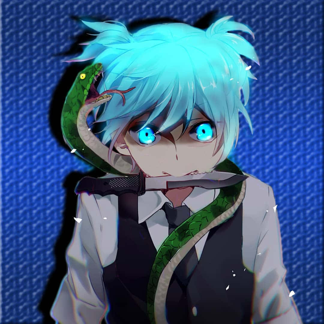 Xbox 桌布 壁紙 — 一個藍髮動漫男孩，眼睛發光，手持一把刀，一條綠蛇纏繞在他的脖子上，背景是帶紋理的藍色。