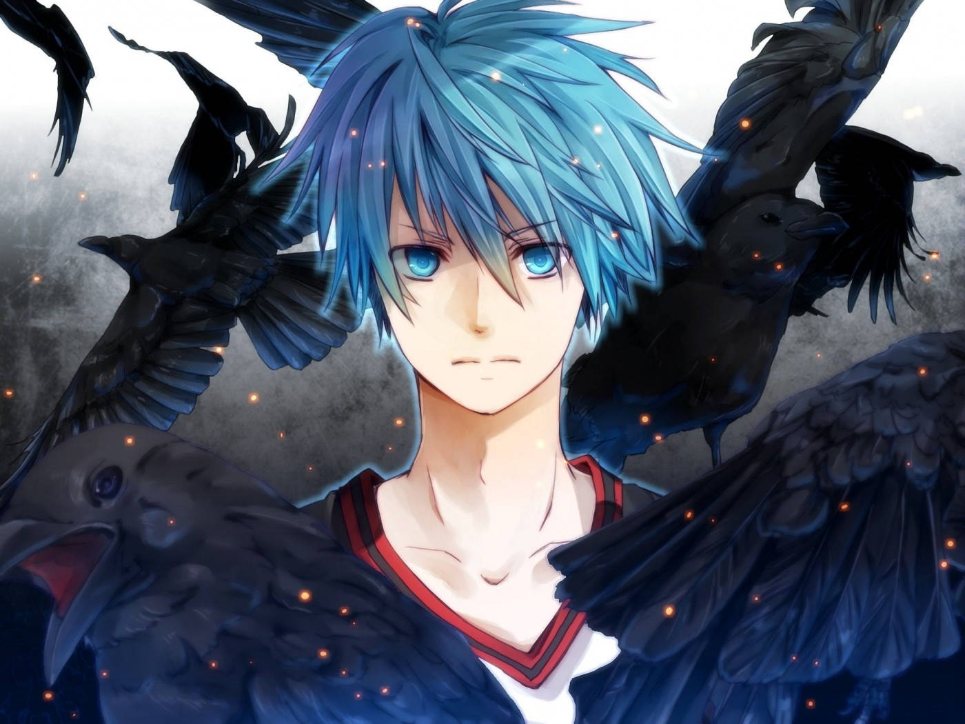 Anime Blue Boy 桌布 壁紙 — 一個藍髮動漫男孩，眼神銳利，被黑色烏鴉包圍，背景是煙霧般的灰色，帶有發光的橙色火花。