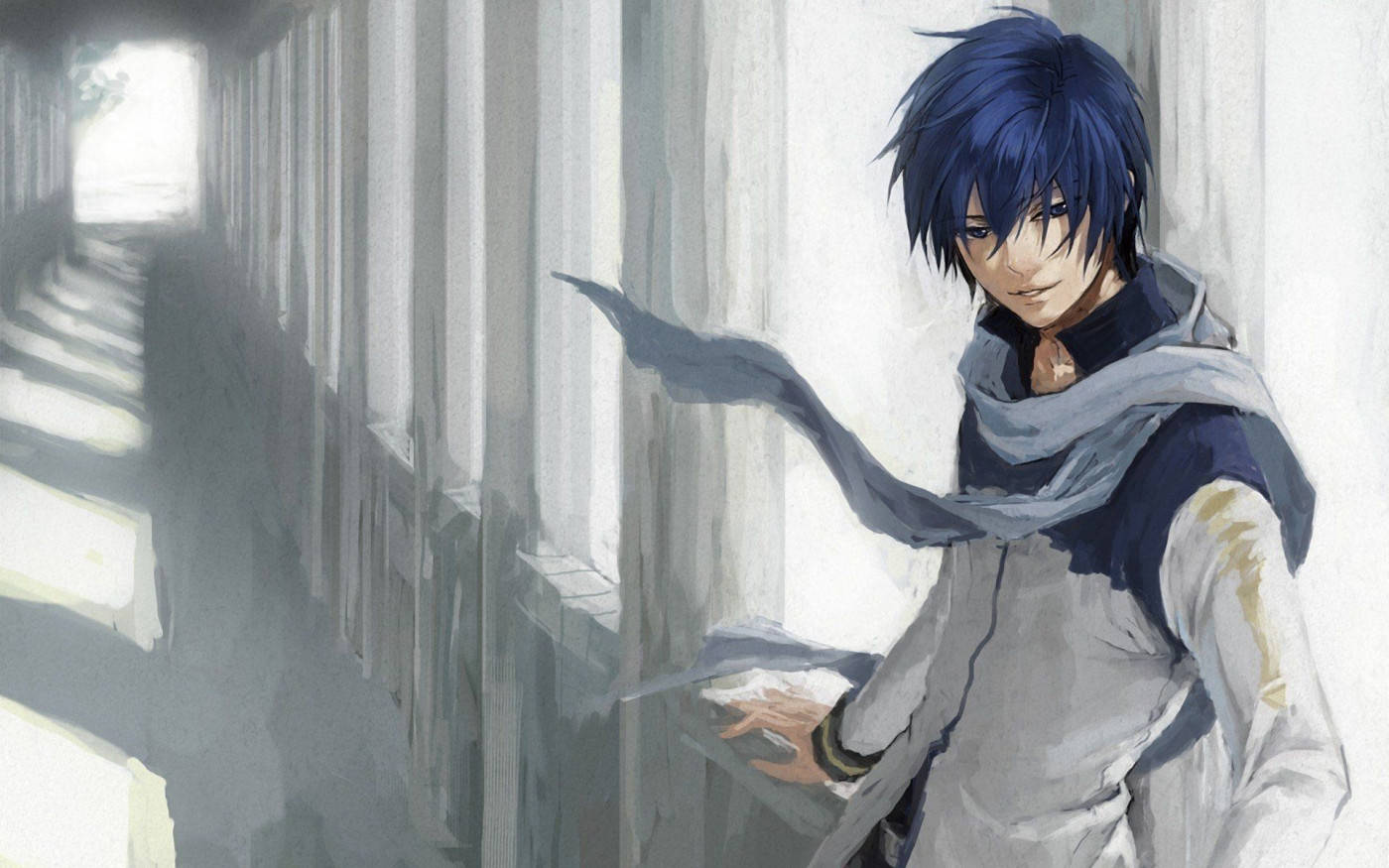 Anime Blue Boy 桌布 壁紙 — 一個藍髮動漫男孩圍著圍巾，站在一條陽光充足的長走廊裡，帶有柔和的水彩筆觸。