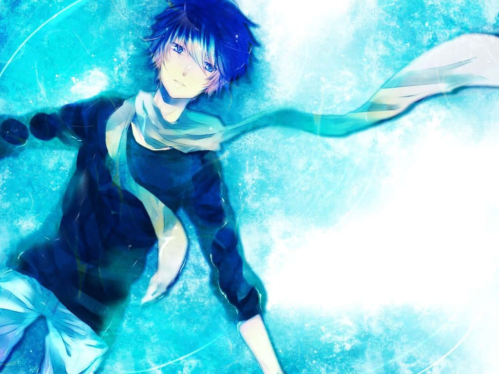 動漫 桌布 壁紙 — 一個藍髮動漫男孩在發光的藍綠色水中平靜地漂浮，圍巾飄逸。