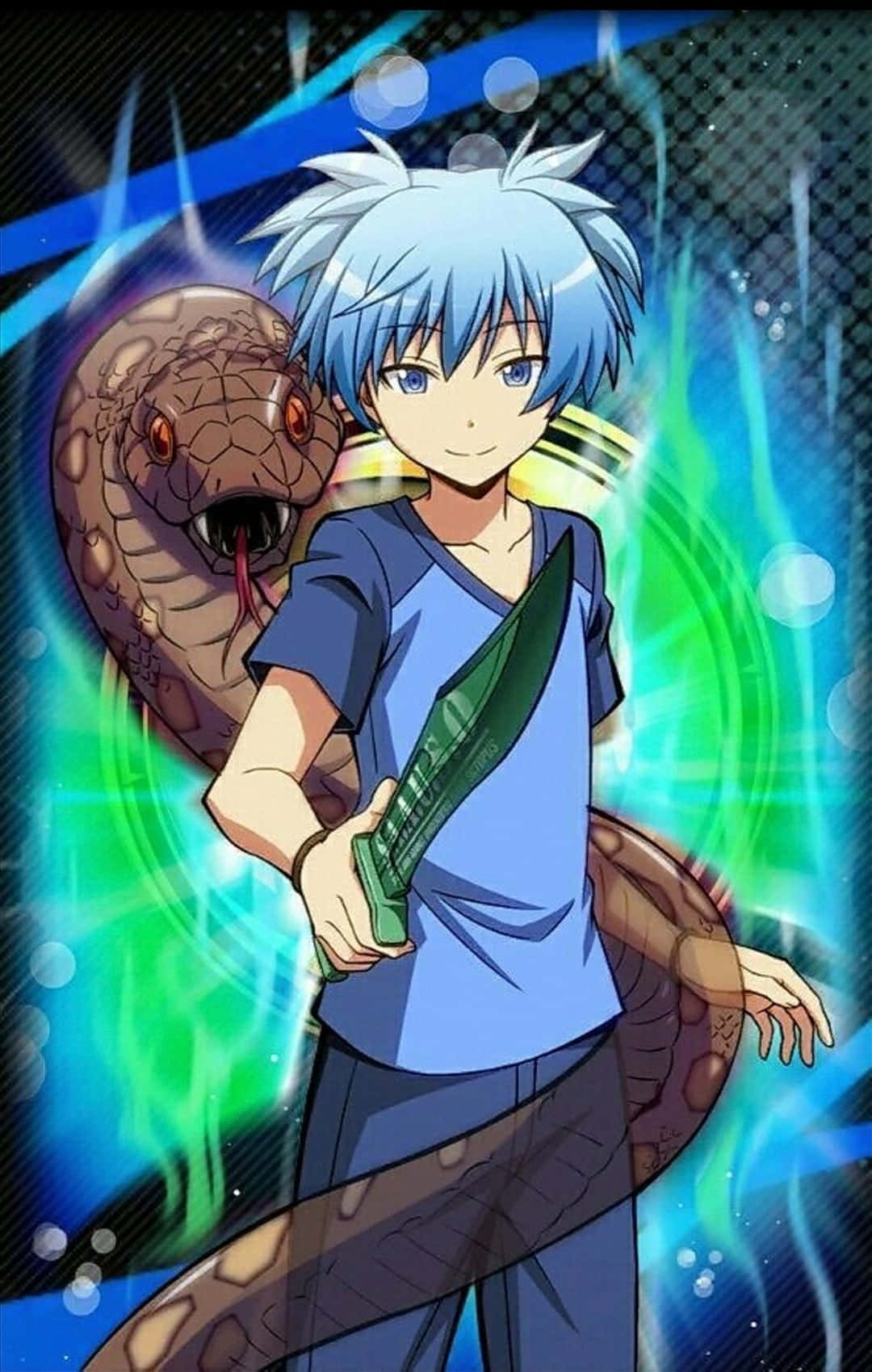 Assassination Classroom 桌布 壁紙 — 一個藍髮動漫男孩在發光的藍綠色能量背景中，在一條大蛇旁邊揮舞著一把綠色劍。