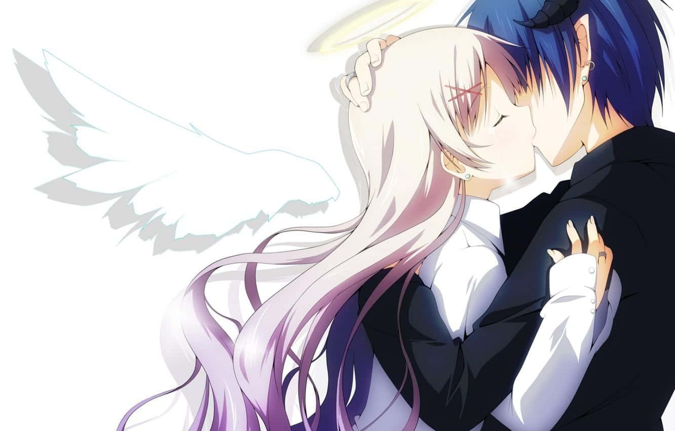 Hot Anime 桌布 壁紙 — 一個藍髮動漫男孩在純白背景前親吻一個帶光環和翅膀的白髮天使女孩。