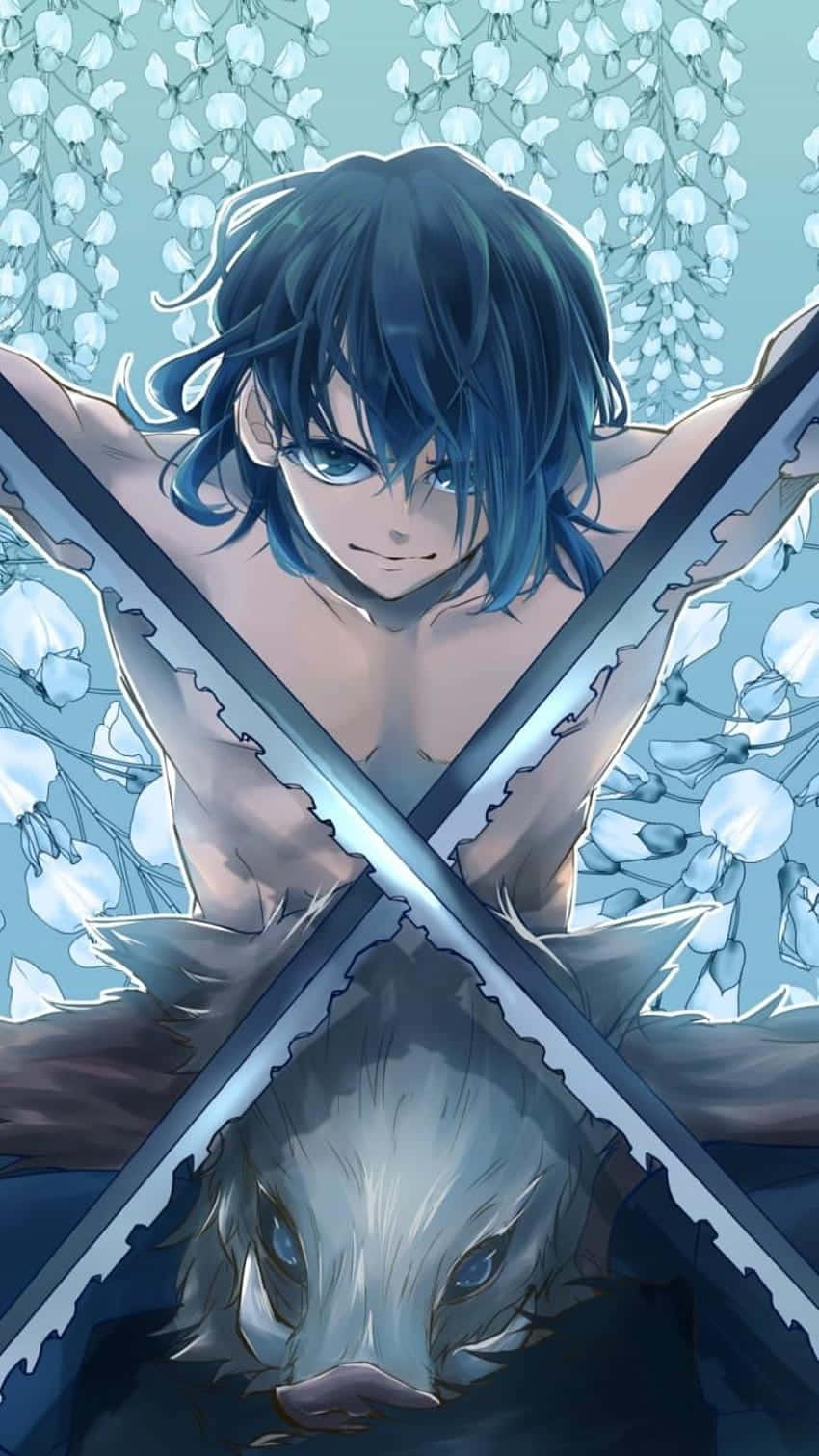 桌布 壁紙 — 一個藍髮動漫男孩手持交叉劍，在垂掛的白花中俯視著他下方一隻像狼的生物。