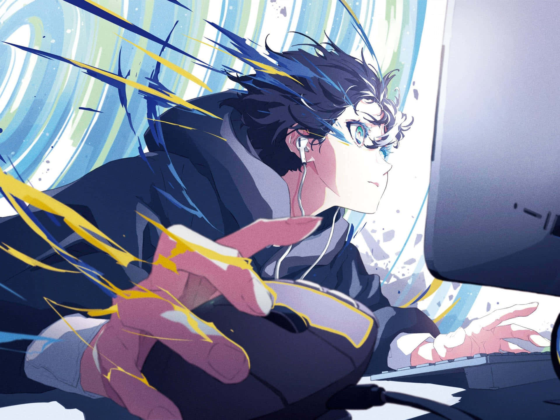 動漫男孩 桌布 壁紙 — 一個藍髮動漫男孩正在激烈地玩遊戲，周圍有發光的黃色能量條。