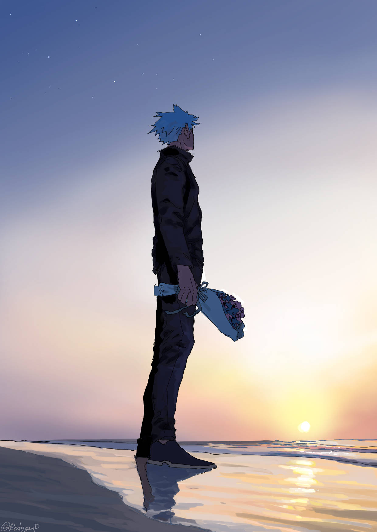 藍髮動漫男孩在海灘上手持鮮花，日落時分可見星星。 — 五條悟 GIF 壁紙