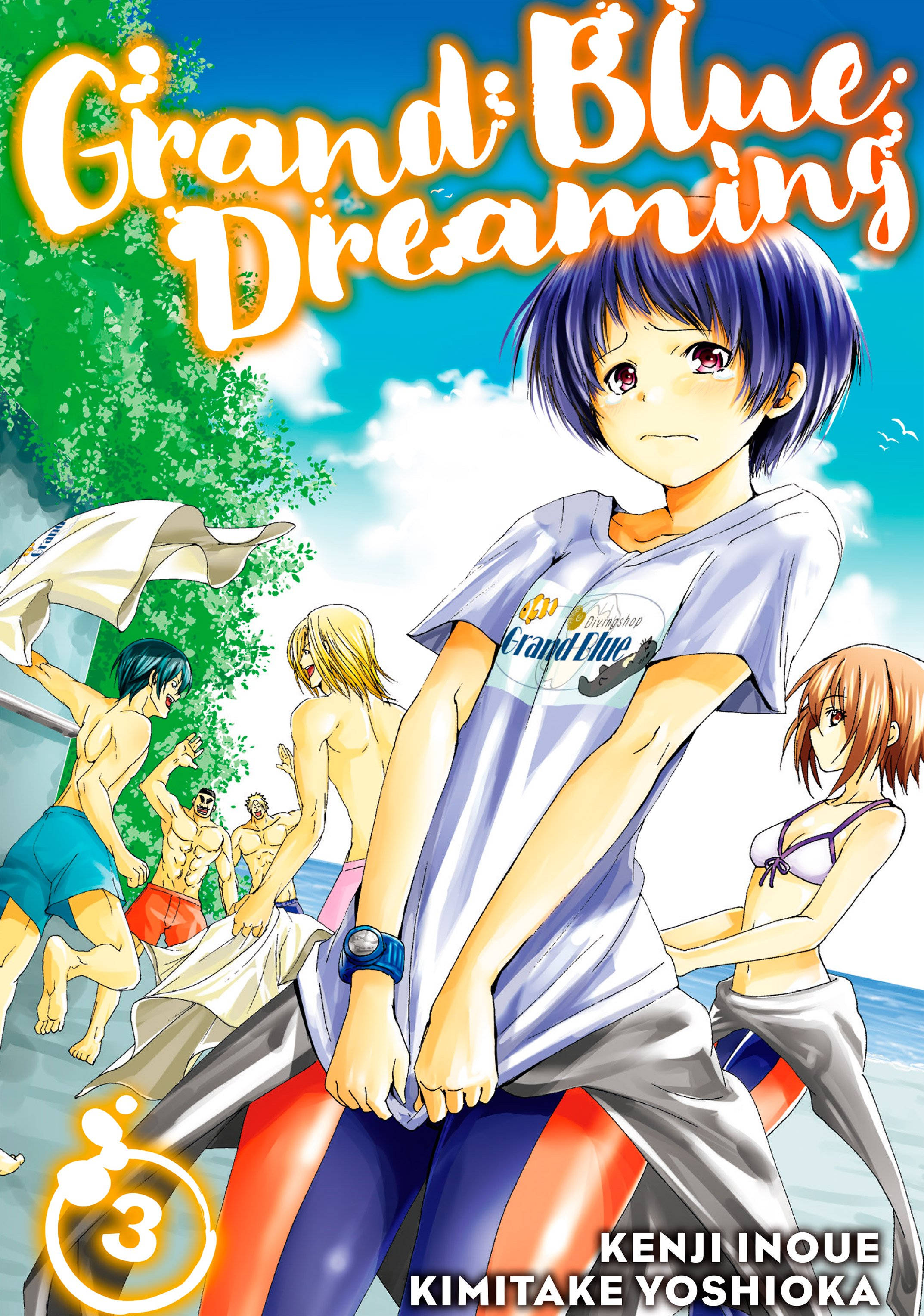 Grand Blue 桌布 壁紙 — 一個藍髮動漫男孩穿著 'Grand Blue' 襯衫，在晴朗的藍天下與朋友坐在沙灘的衝浪板上。
