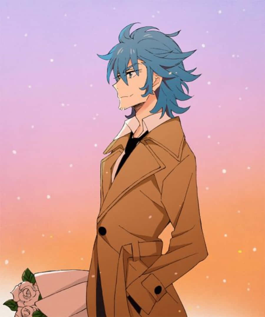 Aikuro Mikisugi 桌布 壁紙 — 一個藍髮動漫男孩穿著棕色風衣，站在點綴著星星的粉彩日落天空前，手持一朵粉紅玫瑰。