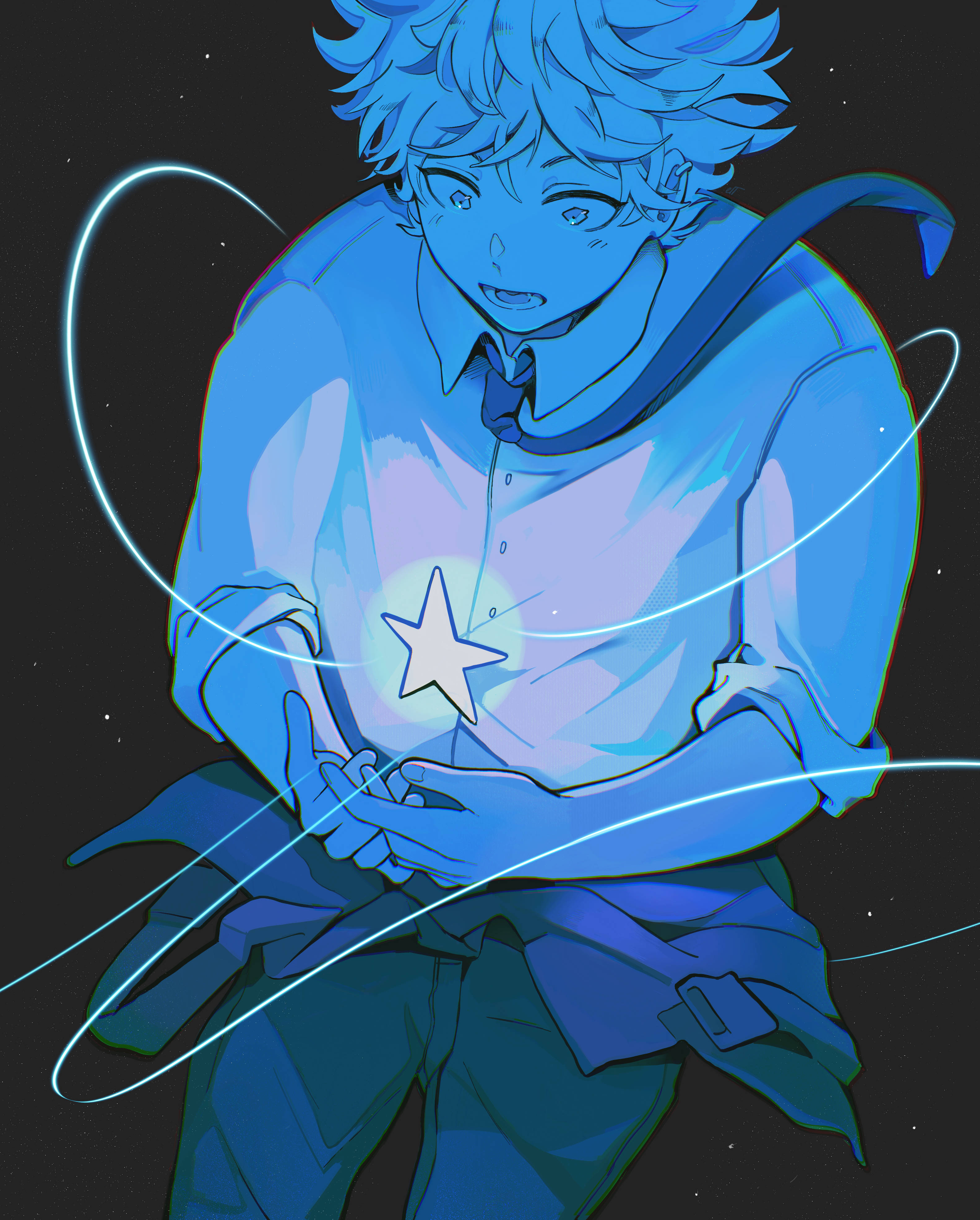 period 桌布 壁紙 — 一個藍髮動漫男孩雙手捧著一顆發光的星星，背景是星光閃爍的夜空，伴隨著旋轉的光軌。
