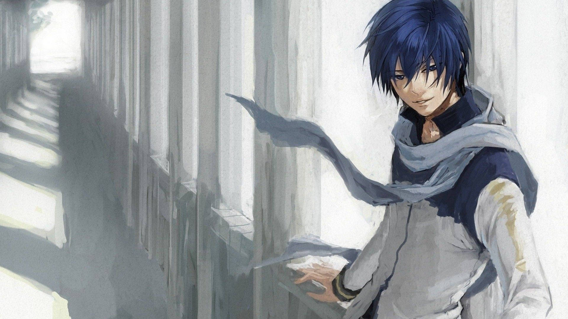 動漫男孩 桌布 壁紙 — 一個藍髮動漫男孩靠在陽光照射的走廊牆上，圍巾飄逸，表情平靜。