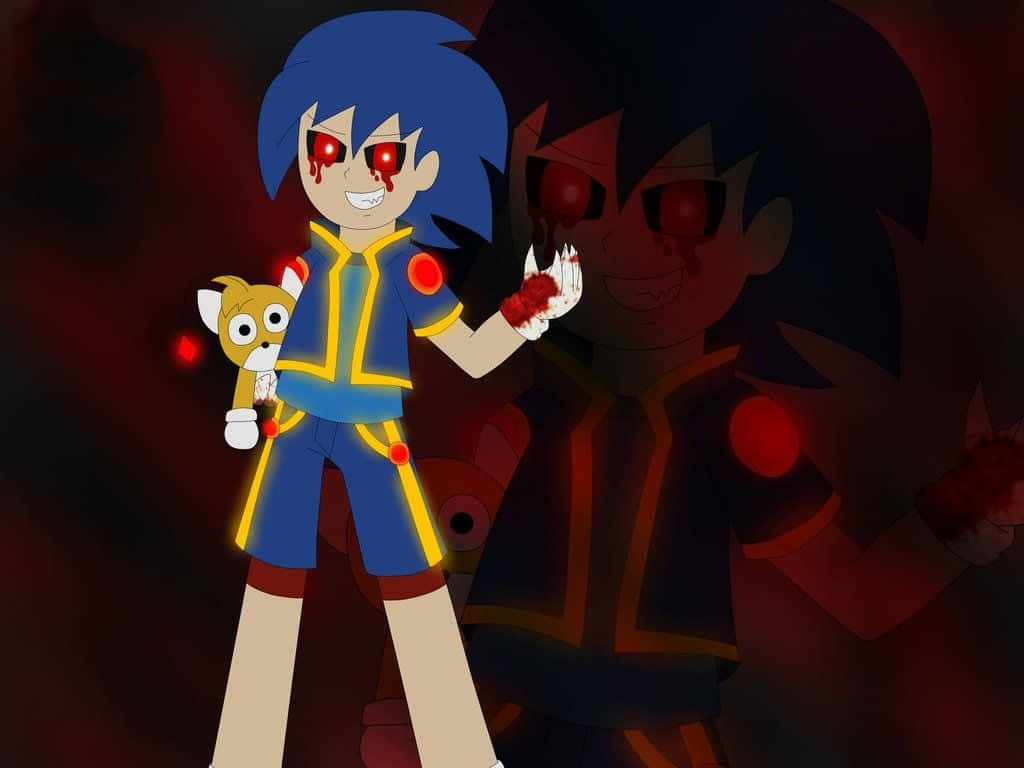 Sonic Exe 桌布 壁紙 — 一個藍髮動漫角色，擁有發光的紅眼睛和沾滿鮮血的雙手，在深紅色背景前抱著一個小生物。