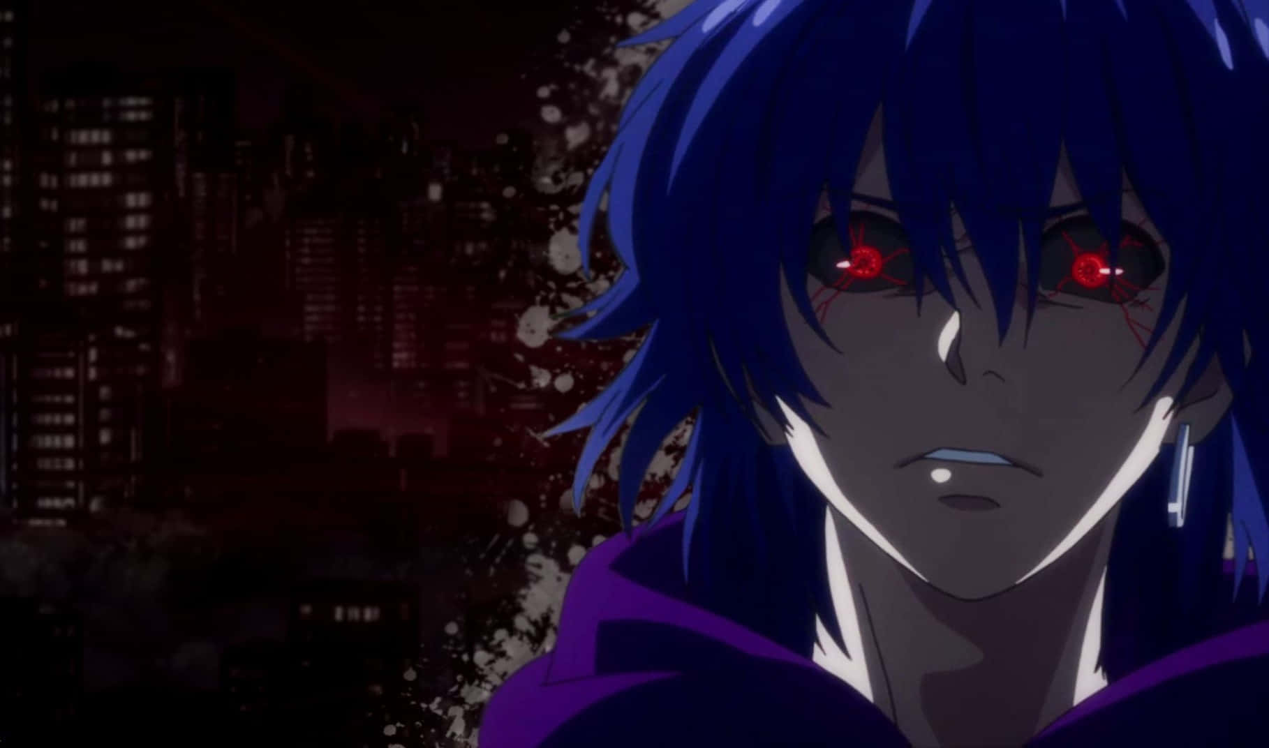 Ayato Kirishima 桌布 壁紙 — 一個藍髮動漫角色，擁有發光的紅色眼睛，在黑暗的城市背景下強烈凝視。