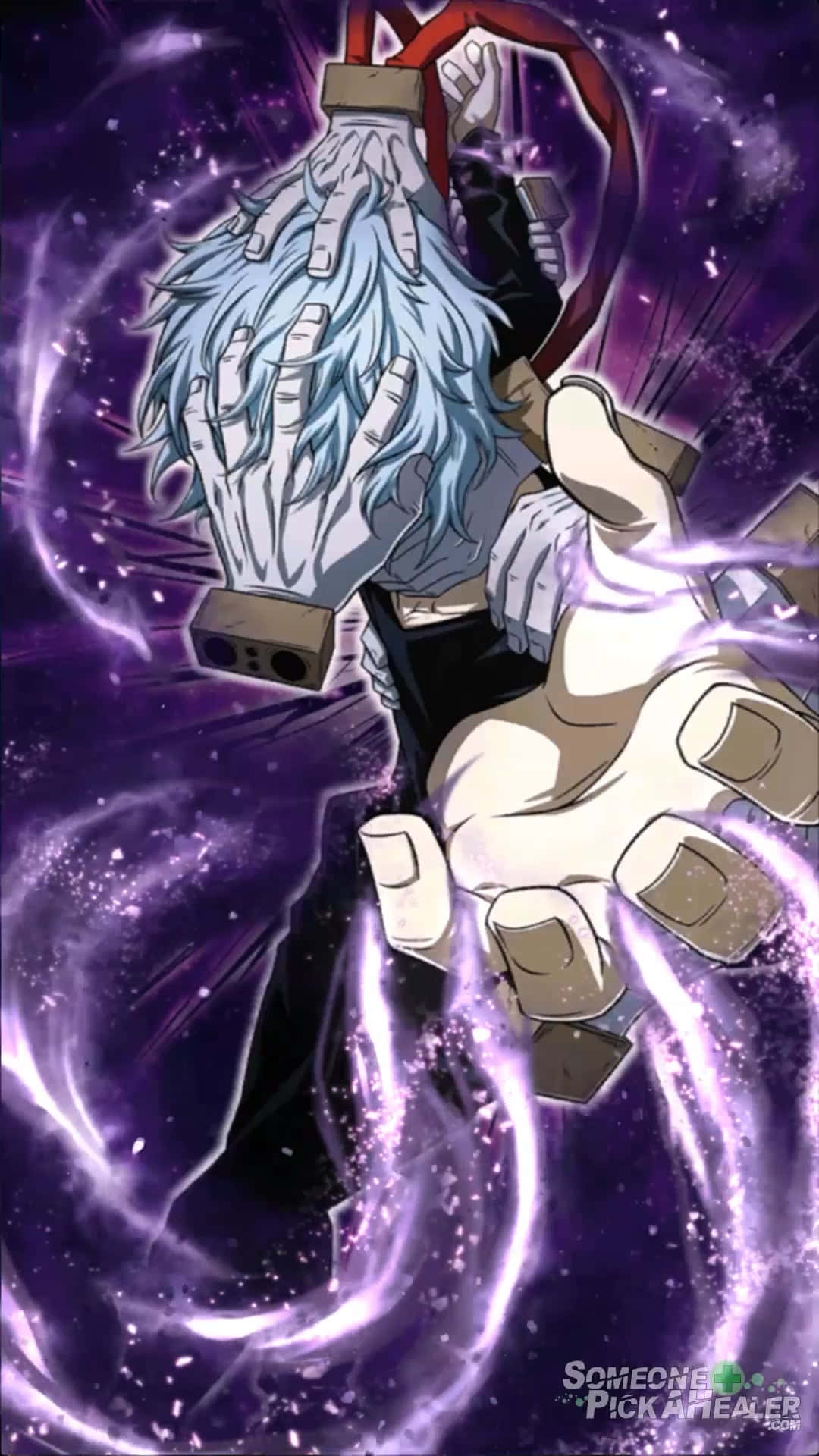 Shigaraki 桌布 壁紙 — 一個藍髮動漫角色，雙手釋放出發光的紫色能量，背景是宇宙紫色。