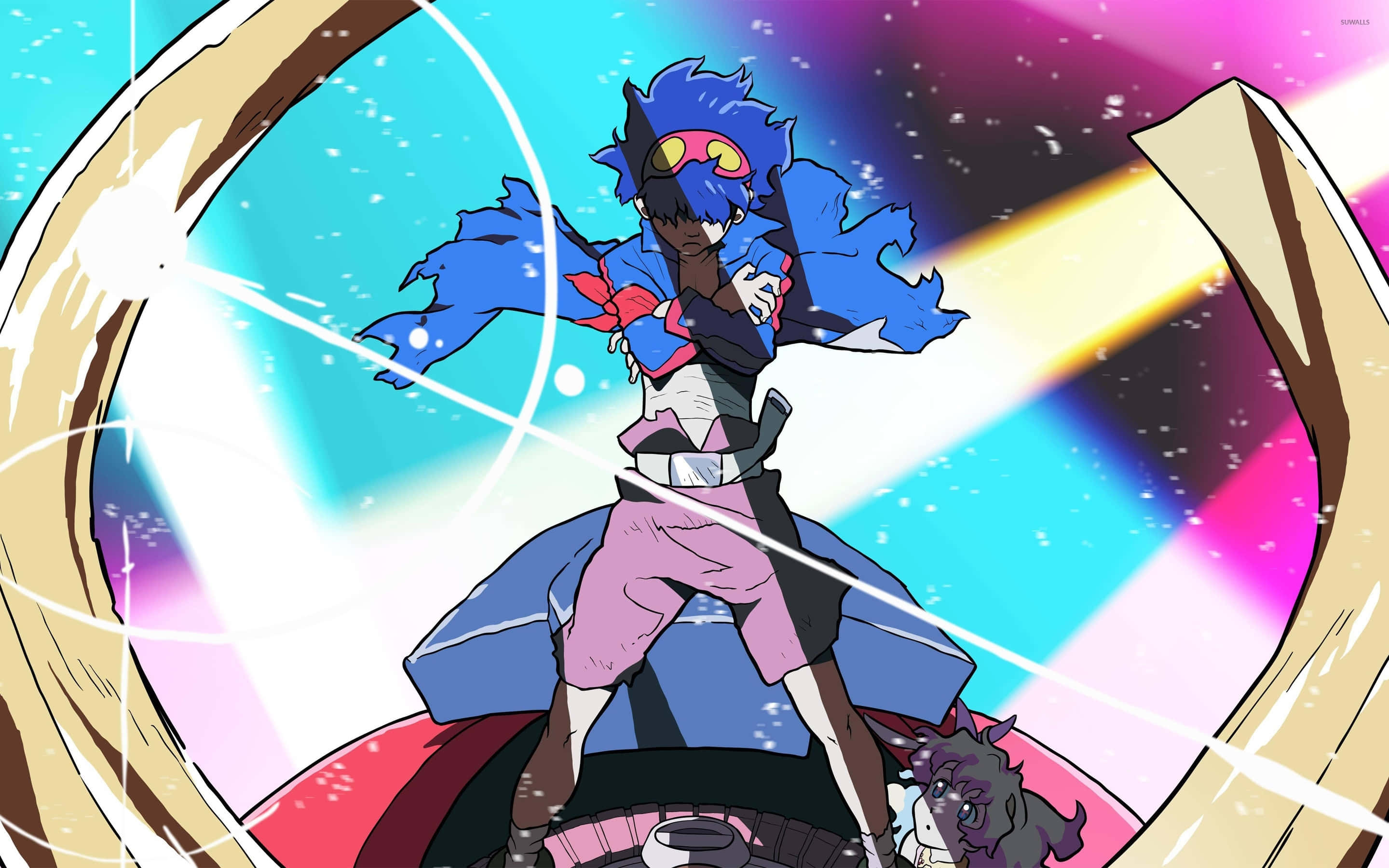 Gurren Lagann 桌布 壁紙 — 一個藍髮動漫角色以動態姿勢展現，發光的眼睛和斗篷，背景是宇宙彩虹。