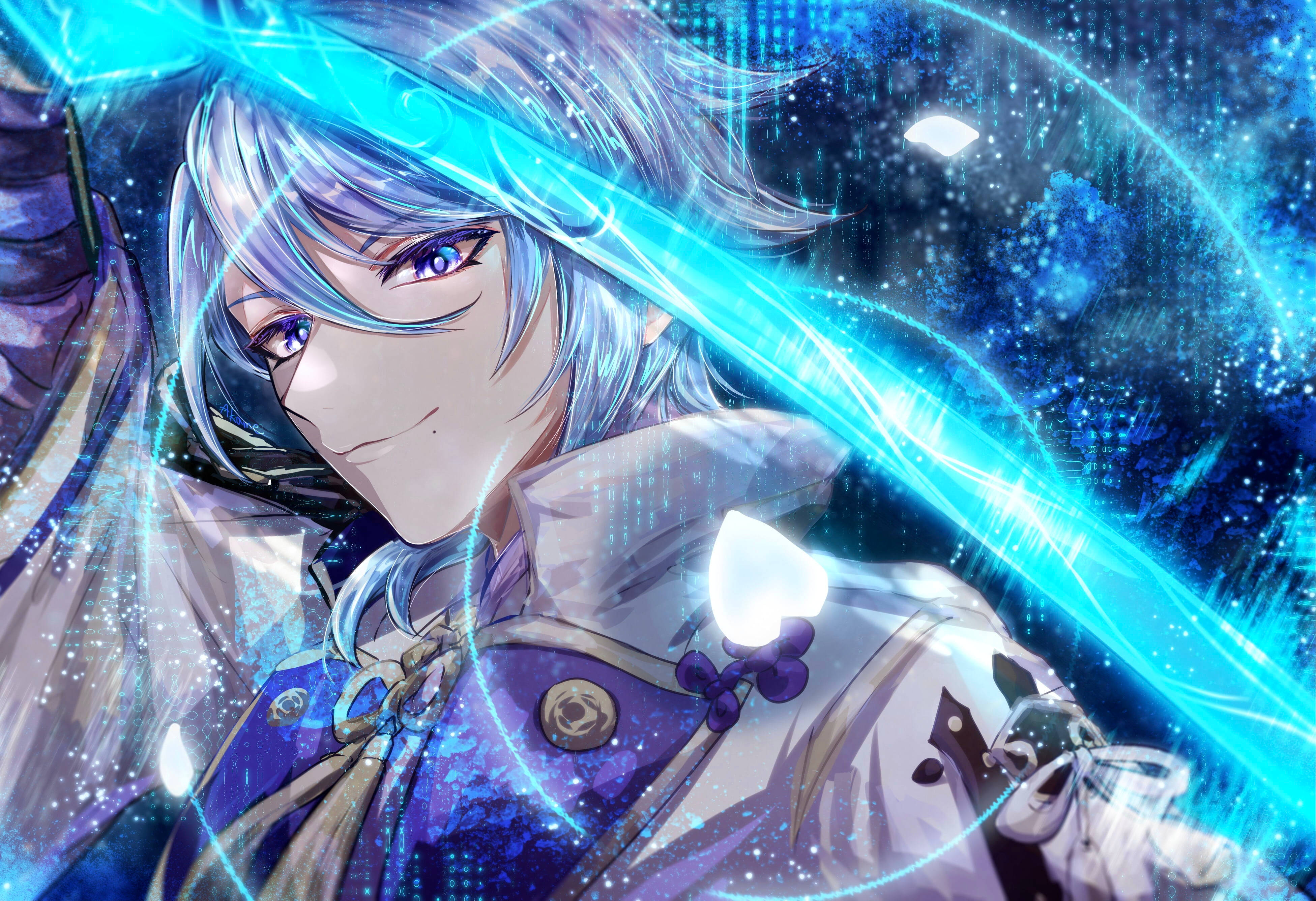 ayato 桌布 壁紙 — 一個藍髮動漫角色在充滿閃爍粒子的宇宙數位風暴中揮舞著發光的劍。