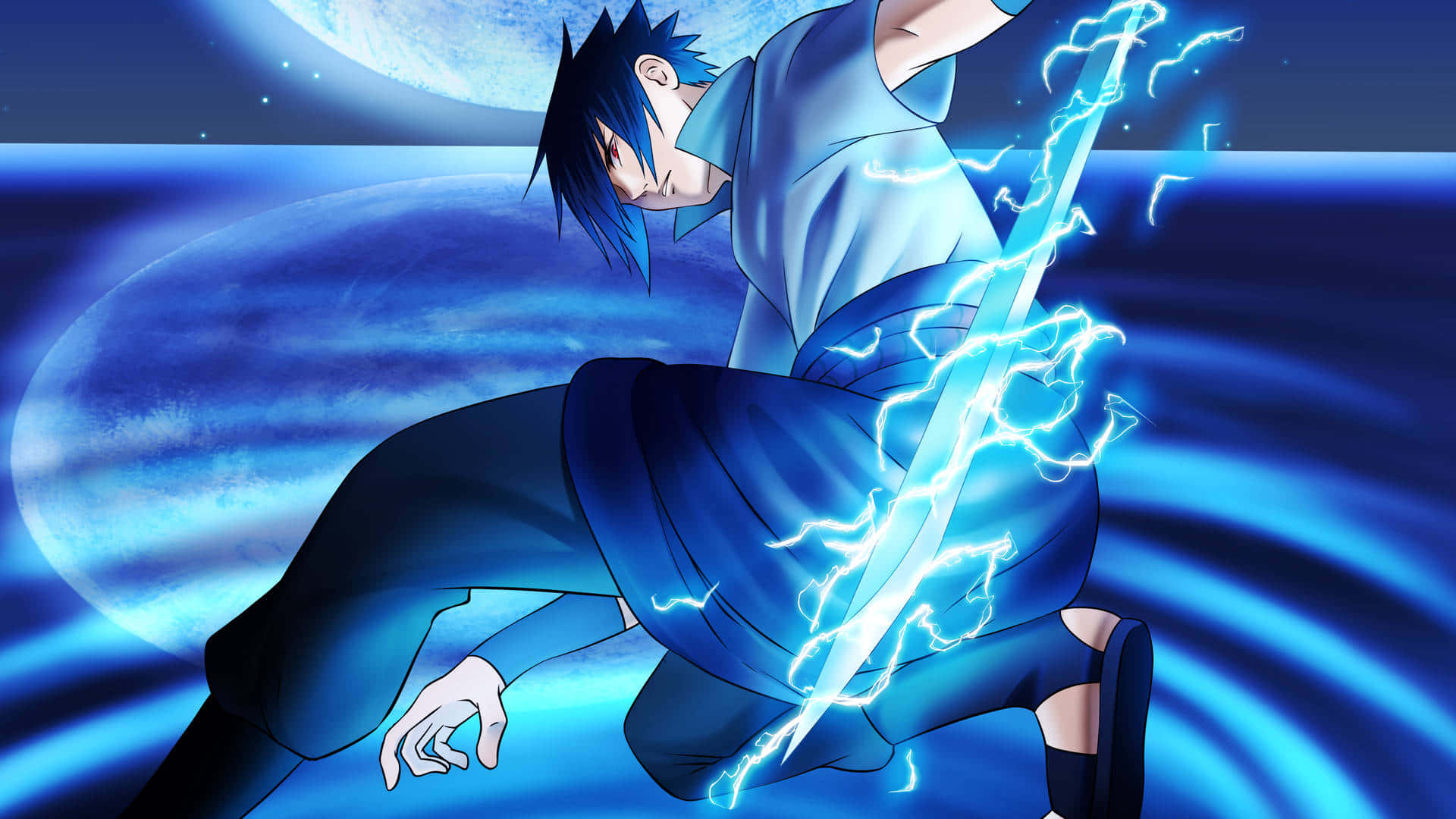 Blue Sasuke 桌布 壁紙 — 一個藍髮動漫角色在宇宙藍色背景下揮舞著閃電強化的劍。