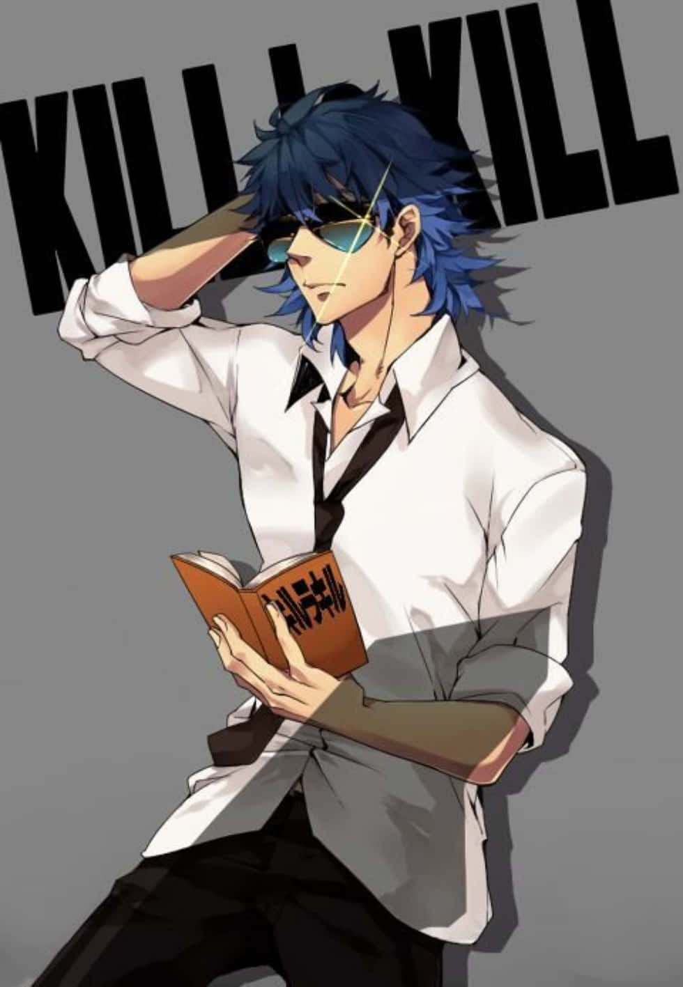 Aikuro Mikisugi 桌布 壁紙 — 一個藍髮動漫角色戴著太陽眼鏡，身穿白色襯衫，手持一本書，在灰色背景前擺姿勢，背景上有粗體的kill文字。