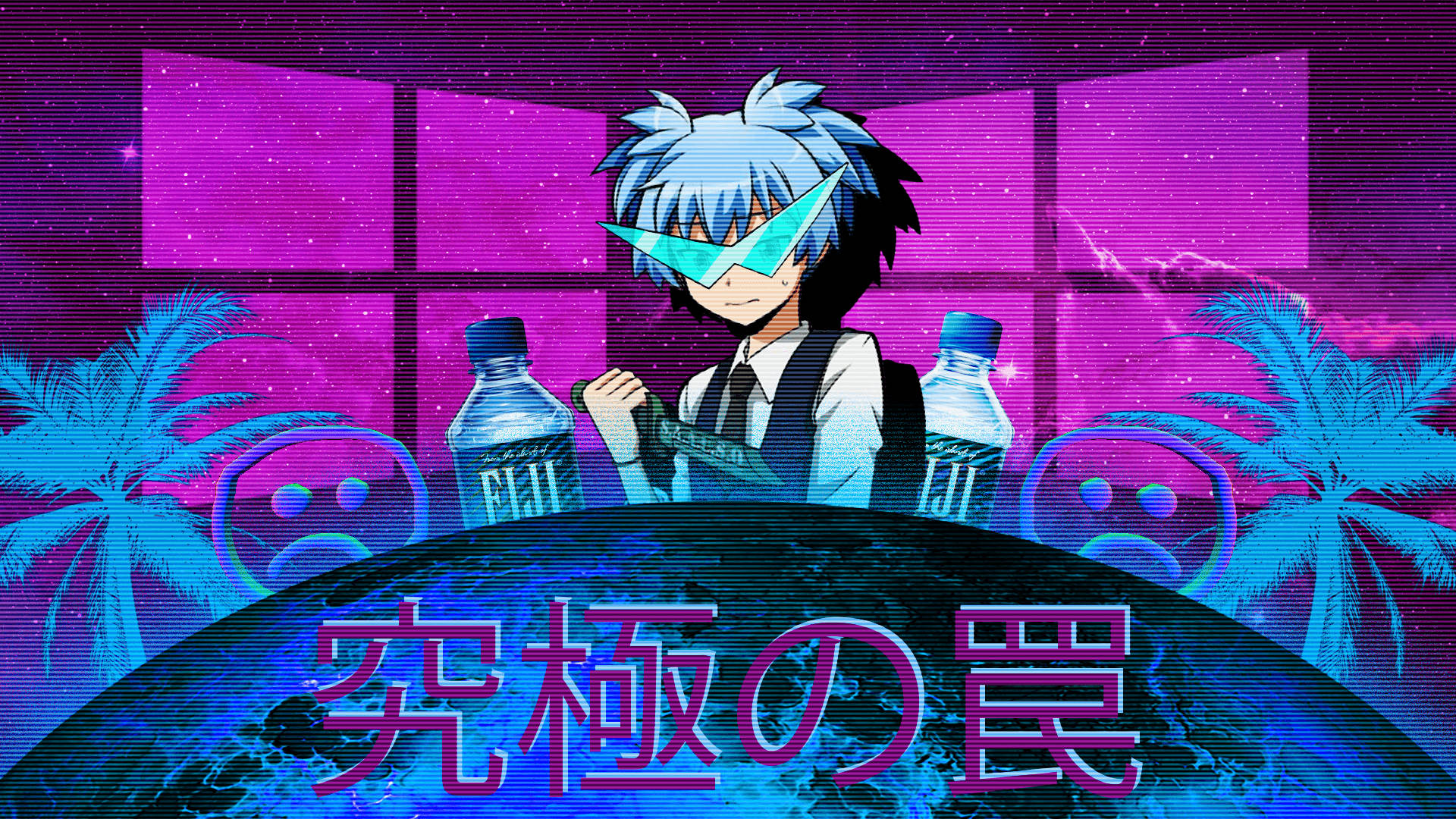 蒸氣波 桌布 壁紙 — 一個藍髮動漫角色戴著發光眼鏡，站在紫色窗前，手持斐濟水樽，背景是行星和棕櫚樹。