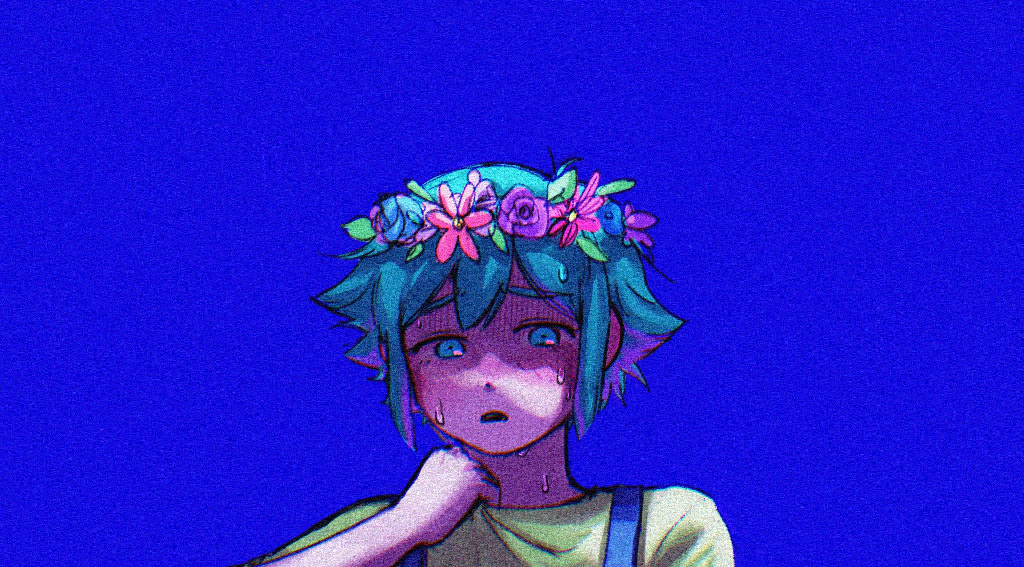 omori 桌布 壁紙 — 一個藍髮動漫角色戴著花冠，在純藍色背景上顯得痛苦。