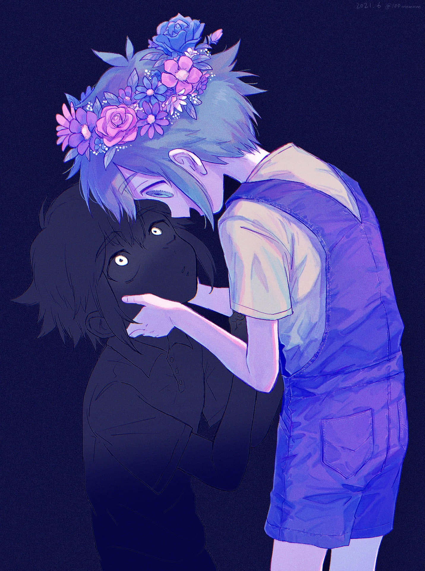 藍髮動漫角色戴著花冠俯身靠近黑髮、眼睛發光的角色。 — Omori GIF 壁紙