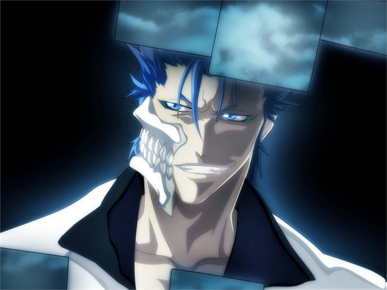 Grimmjow Jaegerjaquez 桌布 壁紙 — 一個藍髮動漫角色戴著骷髏面具，眼睛發光，在陰暗多雲的背景中凝視。