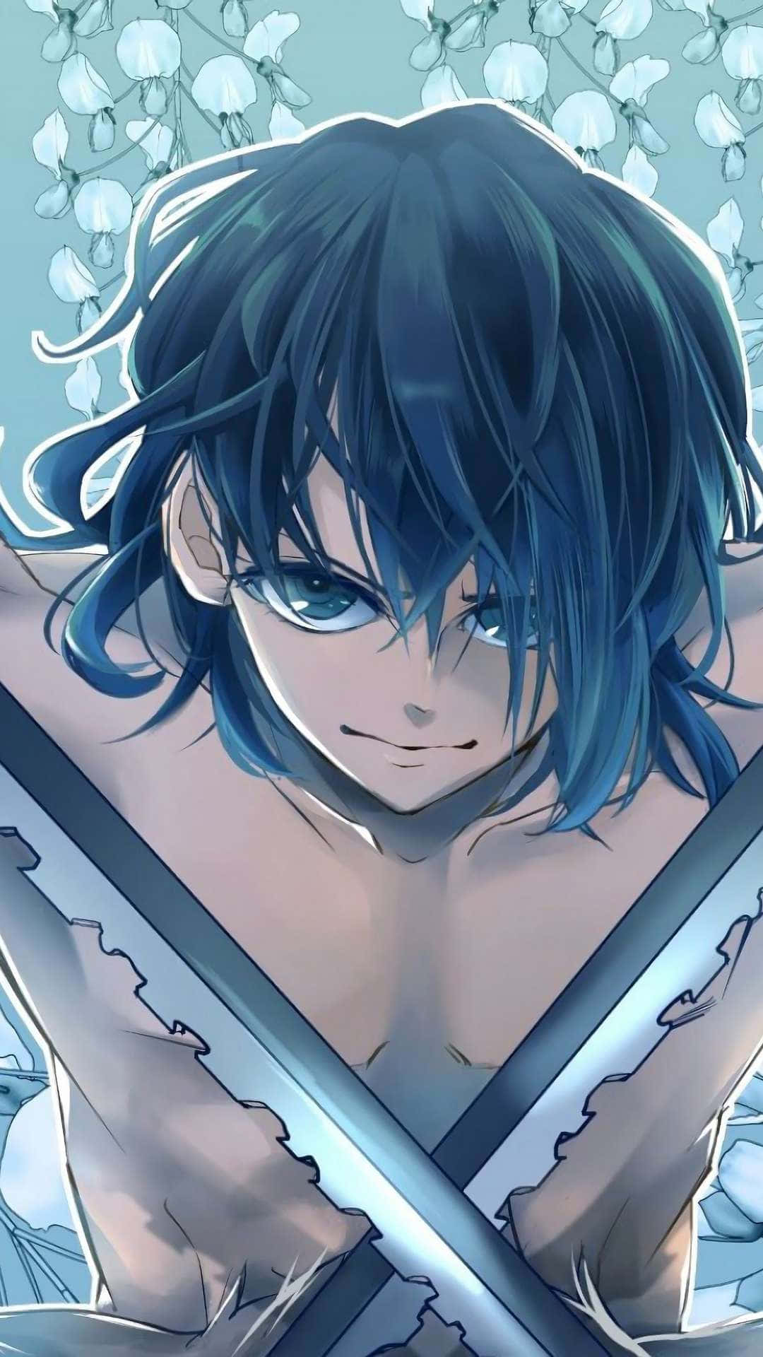 Demon Slayer Inosuke 桌布 壁紙 — 一個藍髮動漫角色眼神銳利，雙手交叉握著兩把劍放在胸前，背景是白色花朵。