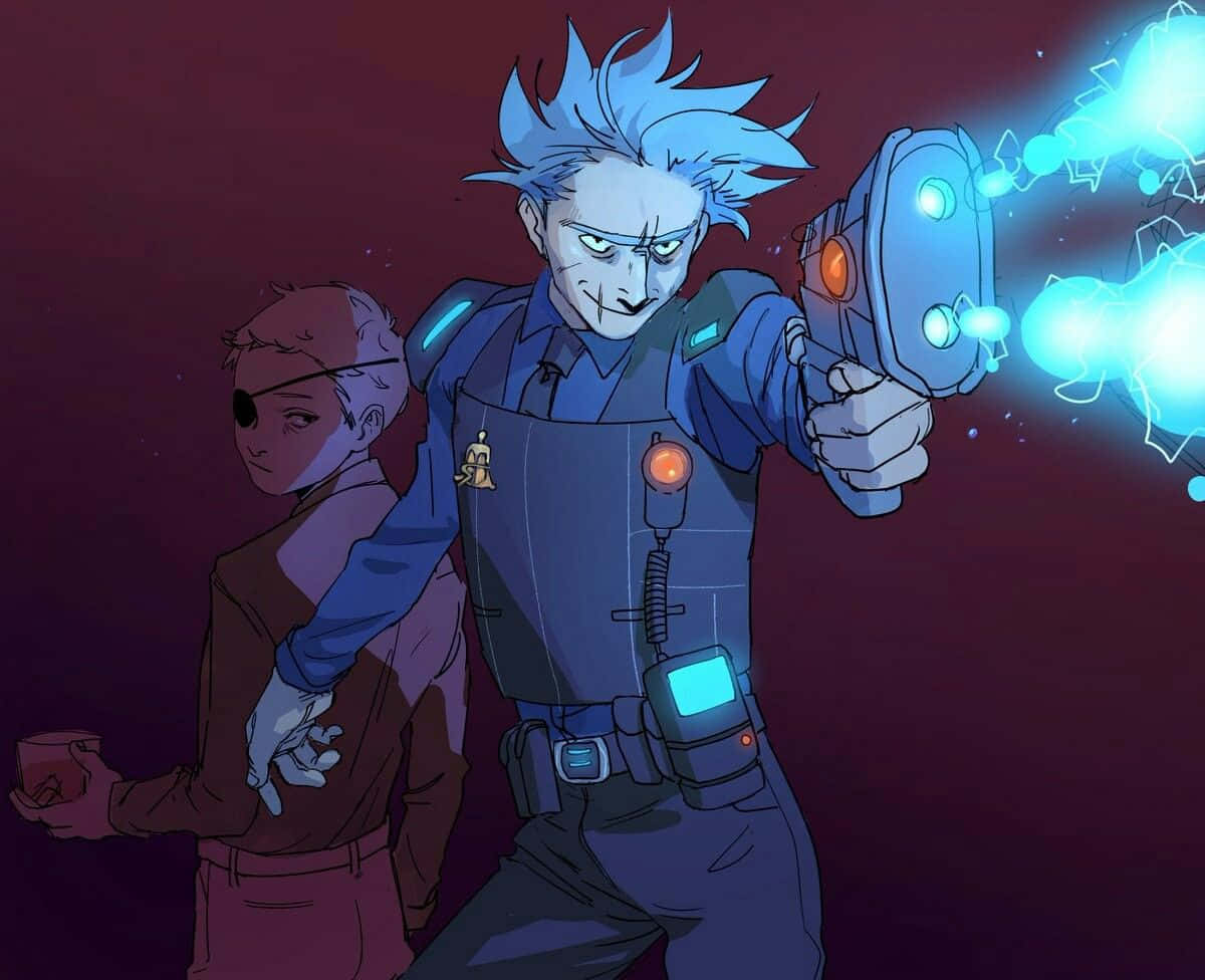 Total Rickall 桌布 壁紙 — 一個藍髮動漫角色穿著未來裝備發射發光藍色武器，而同伴站在他旁邊，背景為深紅色。