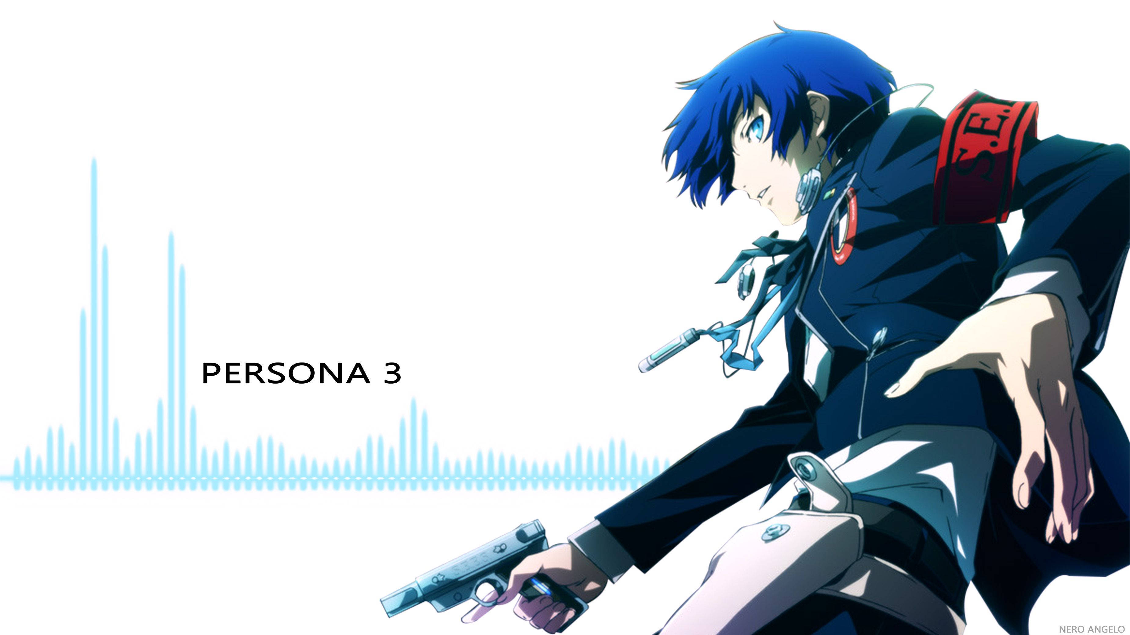 Persona 3 桌布 壁紙 — 一個藍髮動漫角色穿著深色制服，在白色背景上手持槍支，背景有藍色音頻波形和Persona 3文字。
