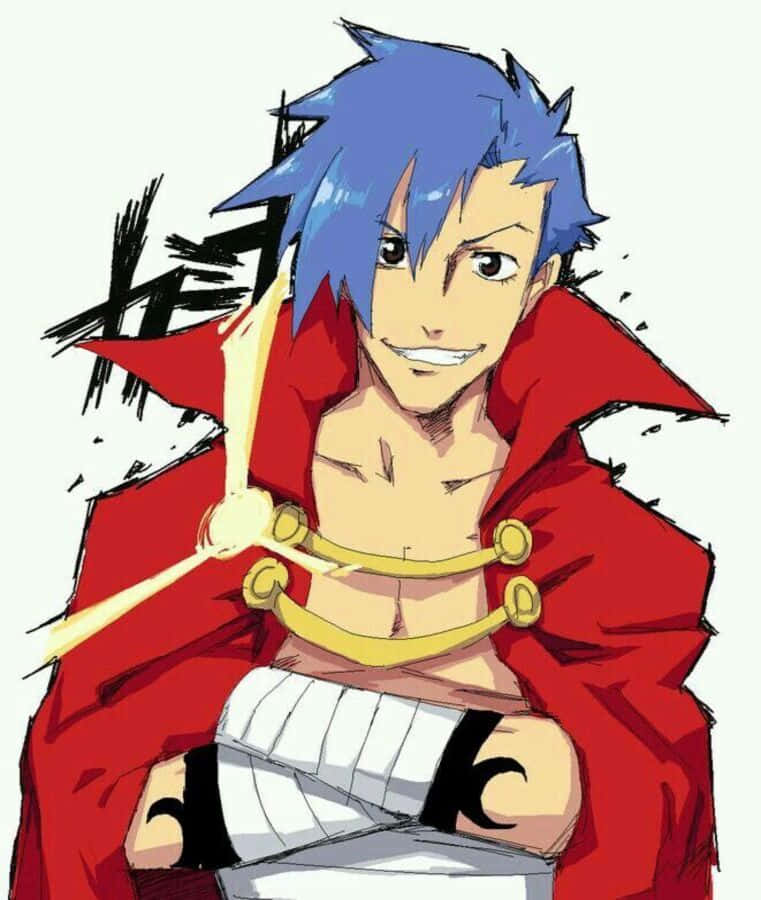 Gurren Lagann Kamina 桌布 壁紙 — 一個藍髮動漫角色穿著紅色外套，自信地微笑著，手持發光劍。