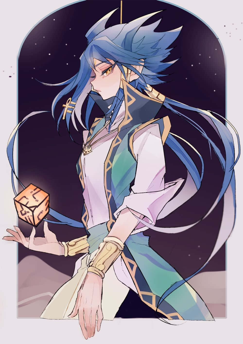 Aigami 桌布 壁紙 — 一個藍髮動漫角色穿著華麗長袍，在星空夜景中手持發光立方體。