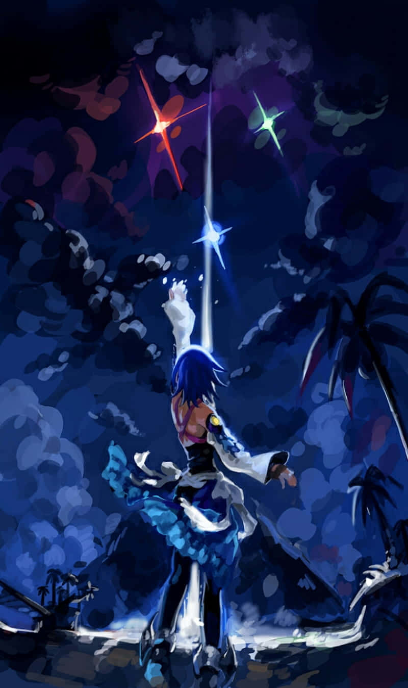 Kingdom Hearts Phone 桌布 壁紙 — 一個藍髮動漫角色穿著飄逸的連衣裙向上伸手，發光的星星從他們伸出的手中迸發出來，映襯著黑暗的暴風雨天空。