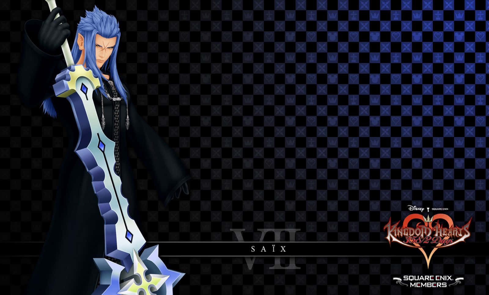 Kingdom Hearts Organization 13 桌布 壁紙 — 一個藍髮動漫角色穿著黑色外套，在深藍色和黑色格子背景中揮舞著發光的鍵刃。