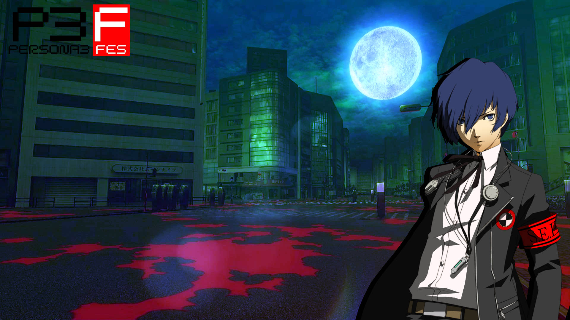 Persona 3 桌布 壁紙 — 一個藍髮動漫角色站在霓虹燈照亮的城市街道上，腳下是發光的滿月，人行道上有紅色飛濺。