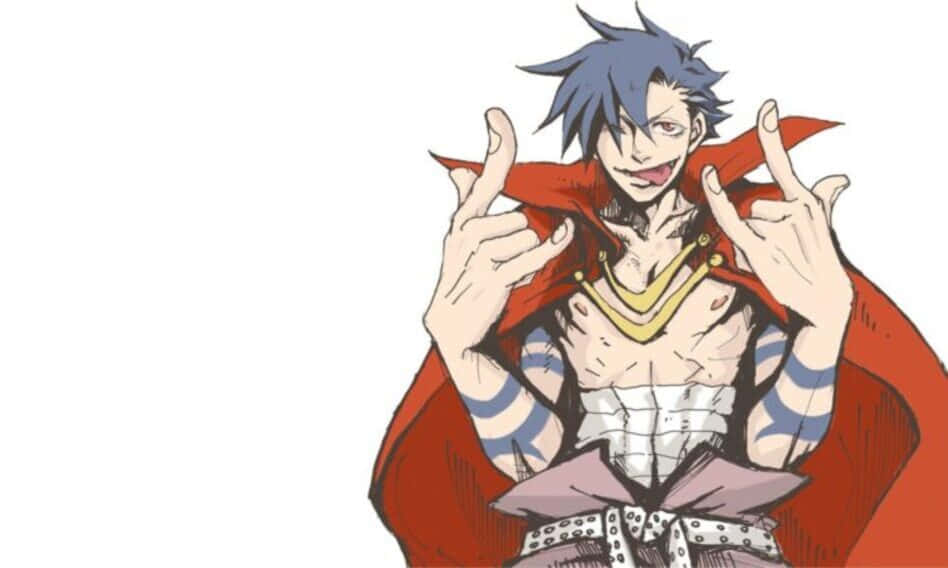 Gurren Lagann Kamina 桌布 壁紙 — 一個藍髮動漫角色身穿紅色斗篷，雙手做出惡魔角手勢。