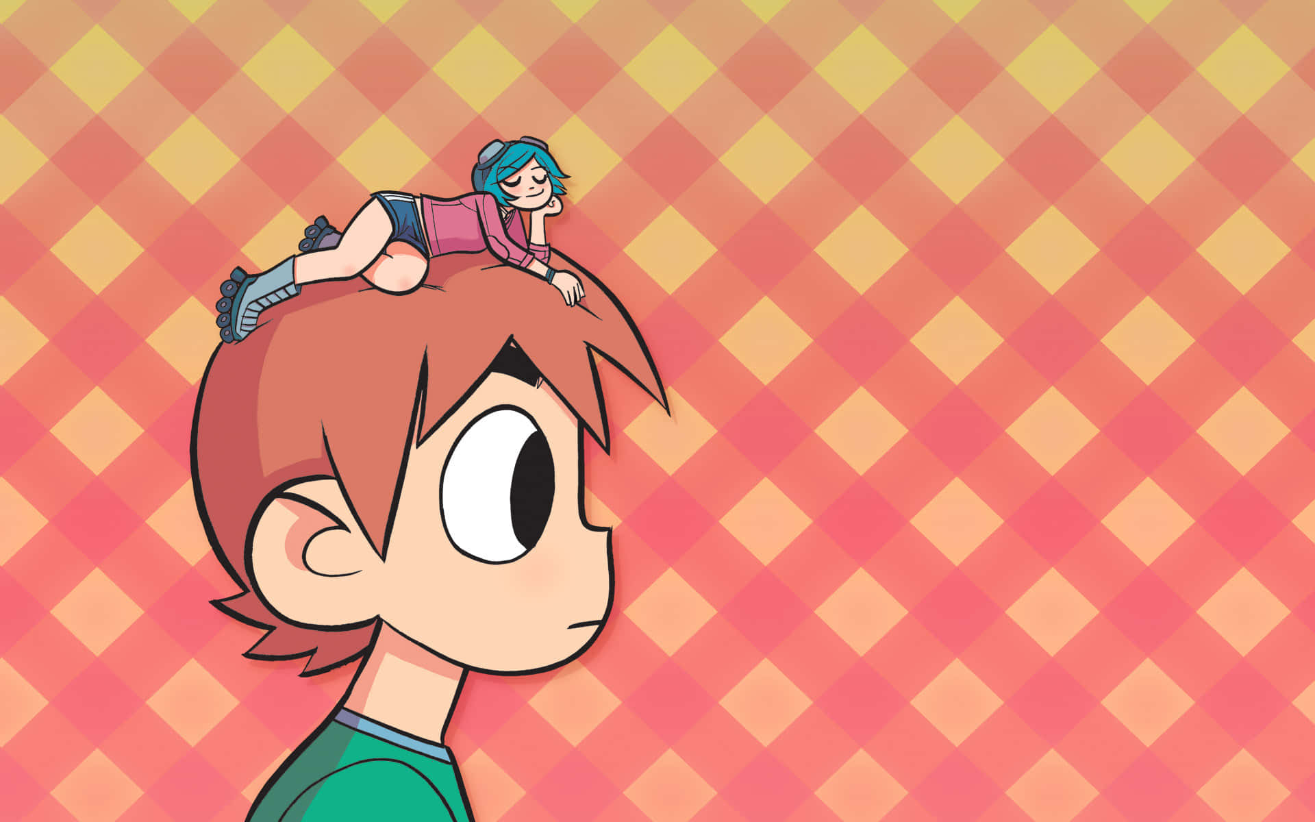 scott pilgrim 桌布 壁紙 — 一個藍髮卡通女孩在一個溫暖的格子背景上，平靜地躺在一個男孩的頭頂。