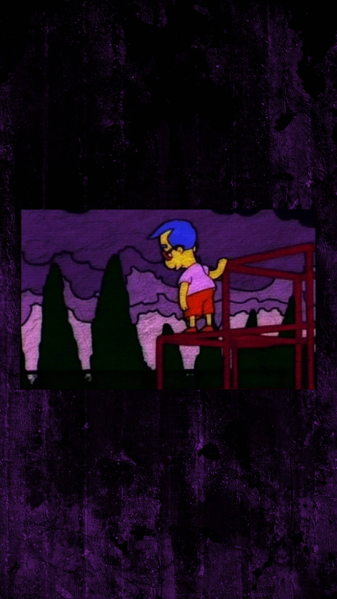 Sad Simpsons 桌布 壁紙 — 一個藍髮卡通男孩站在紅色結構上，背景是帶有深色樹木的紫色天空。