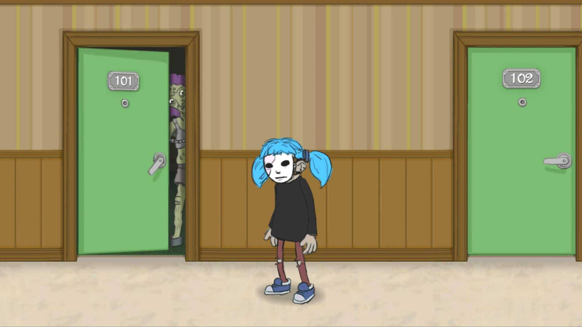 恐怖動圖 桌布 壁紙 — 一個藍髮女孩穿著黑色連衣裙站在走廊，一個殭屍從101號房間窺視。