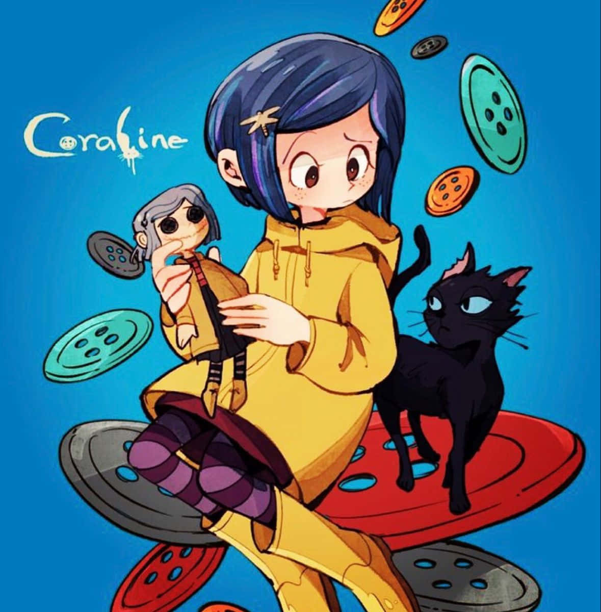卡洛琳 桌布 壁紙 — 一個藍髮少女穿著黃色連帽衫，坐在紅色按鈕平台上抱著一個娃娃，一隻黑貓看著漂浮的按鈕，背景是明亮的藍色。
