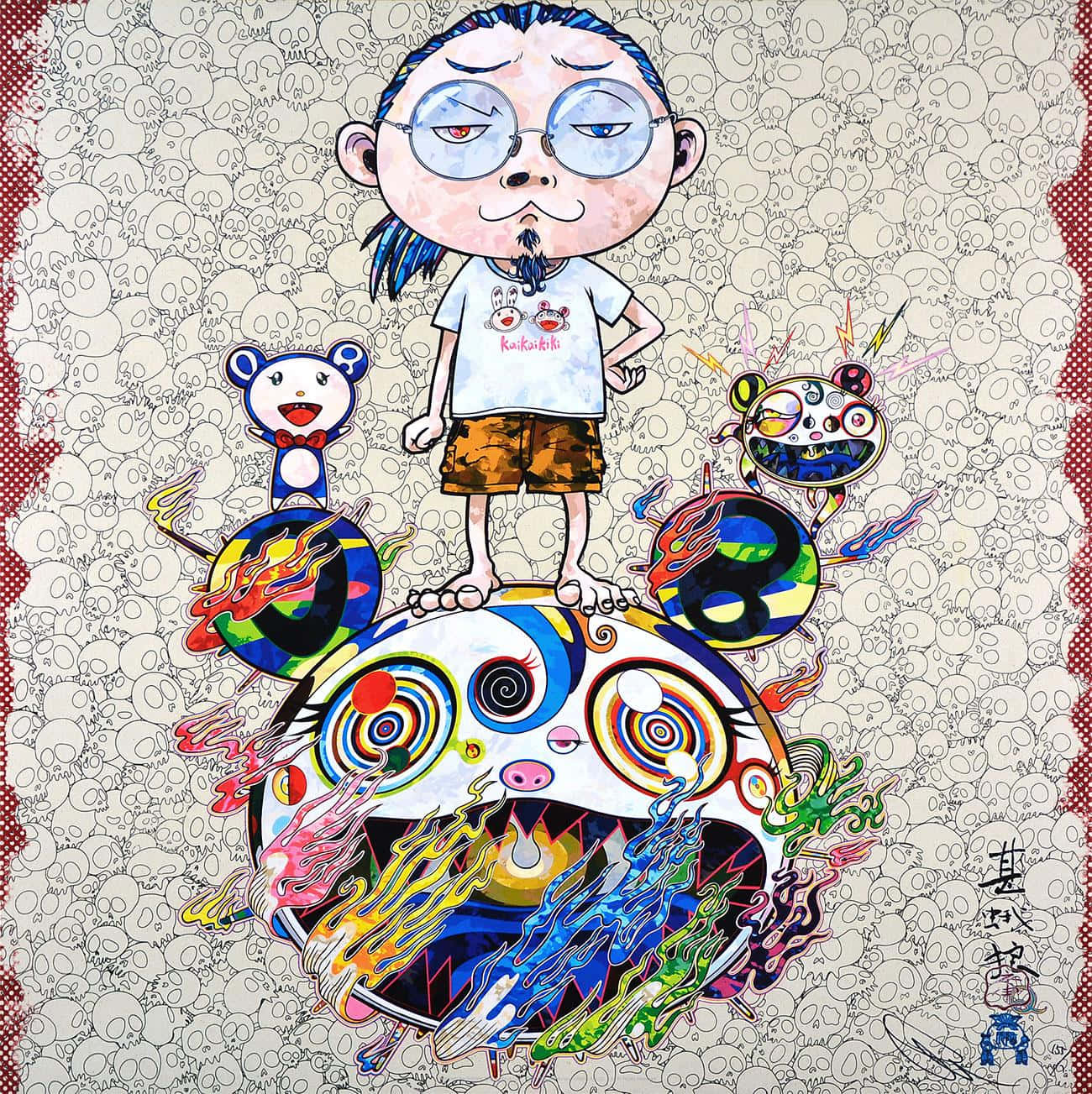 Japanese Pop Art 桌布 壁紙 — 一個藍髮戴眼鏡的卡通男孩站在色彩繽紛、旋轉的龍形生物上，周圍環繞著俏皮的吉祥物和火焰圖案。