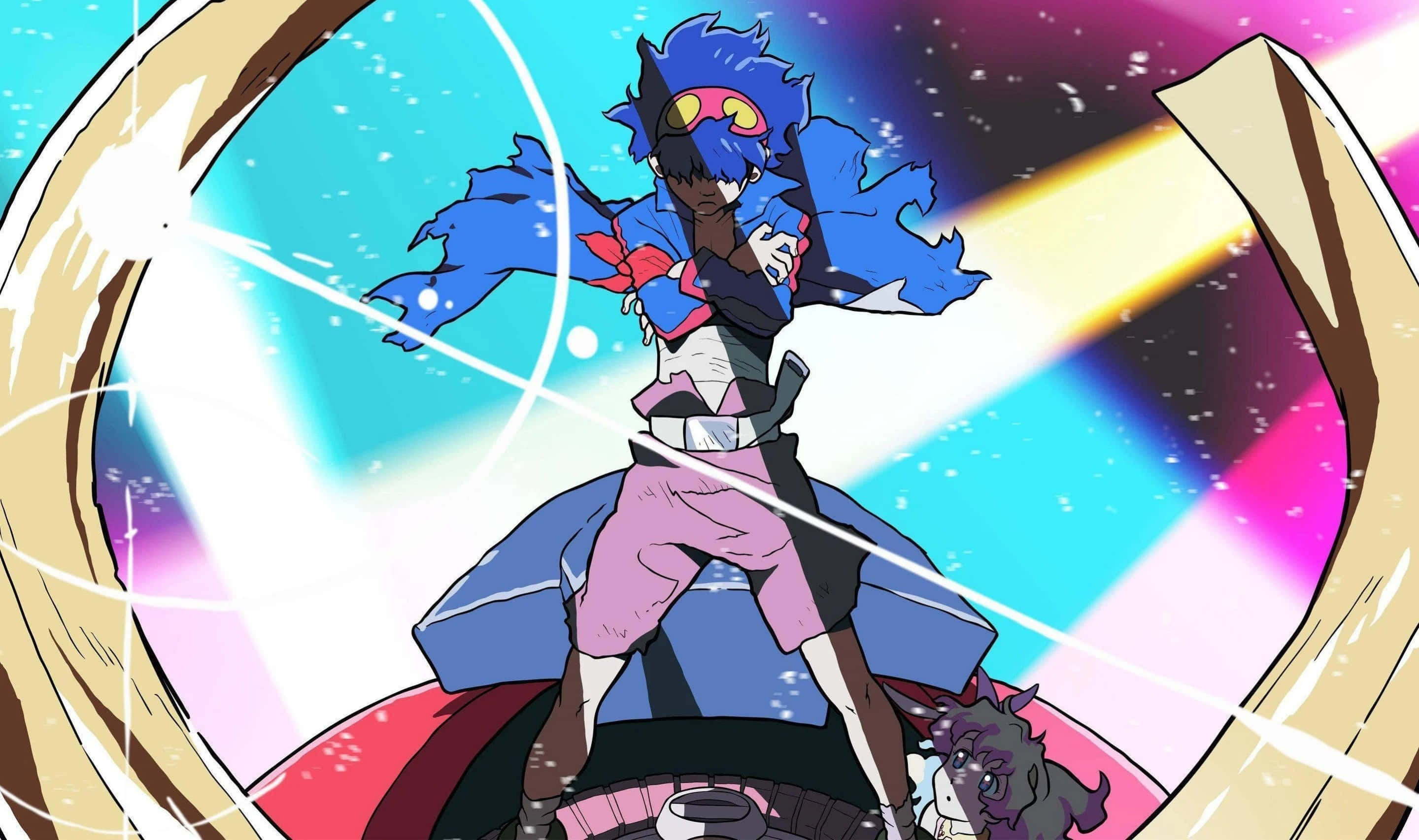 Gurren Lagann 桌布 壁紙 — 一個藍髮戴護目鏡的動漫角色，在帶有發光條紋的宇宙彩虹背景下動態站立。