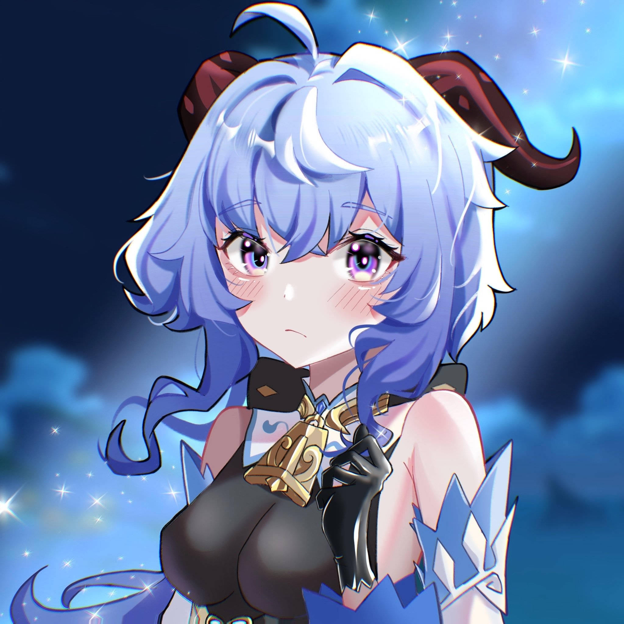 動漫女孩 桌布 壁紙 — 一個藍髮有角的動漫女孩，背景是星空，看起來有點傷心。