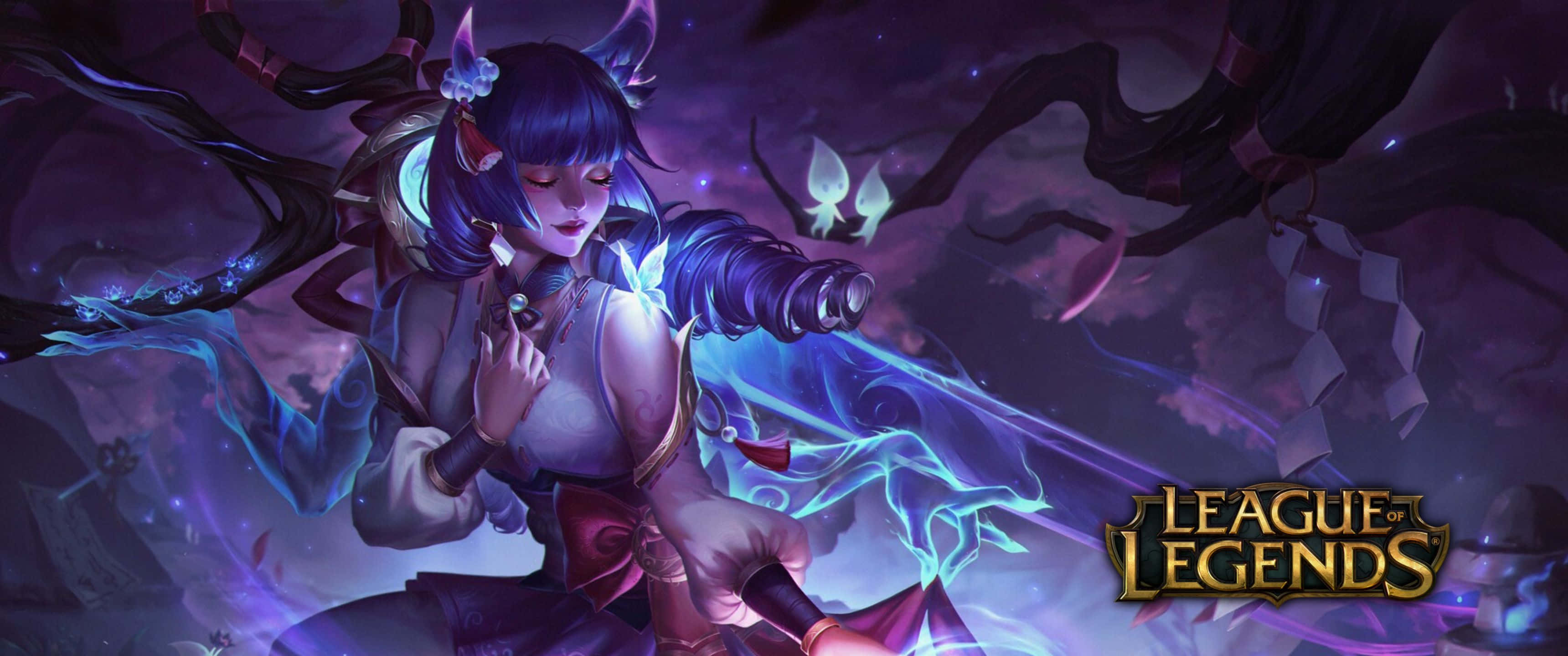 character 桌布 壁紙 — 一個藍髮有角的奇幻動漫女孩在黑暗神秘環境中引導發光的藍色能量。