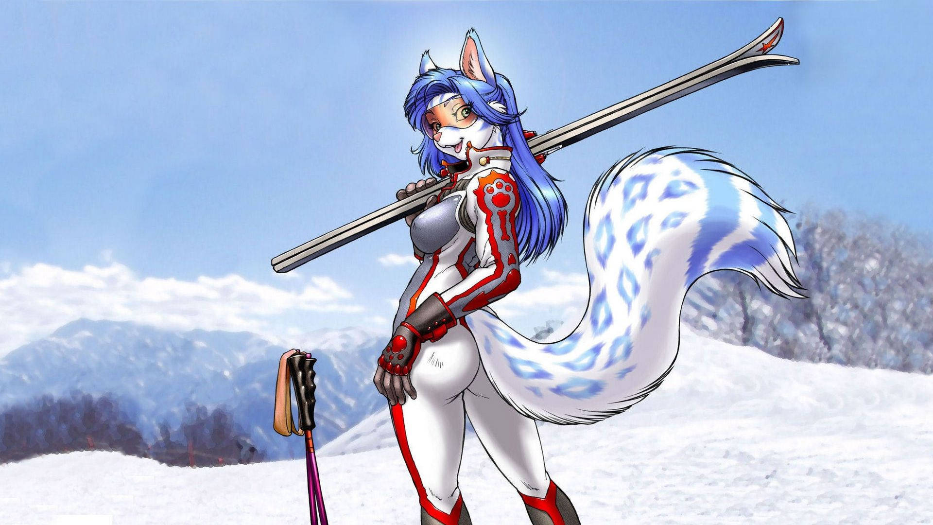狼少女 桌布 壁紙 — 一個藍髮狐女穿著白色和紅色的滑雪服，自信地站在雪山的風景中，手持滑雪板。