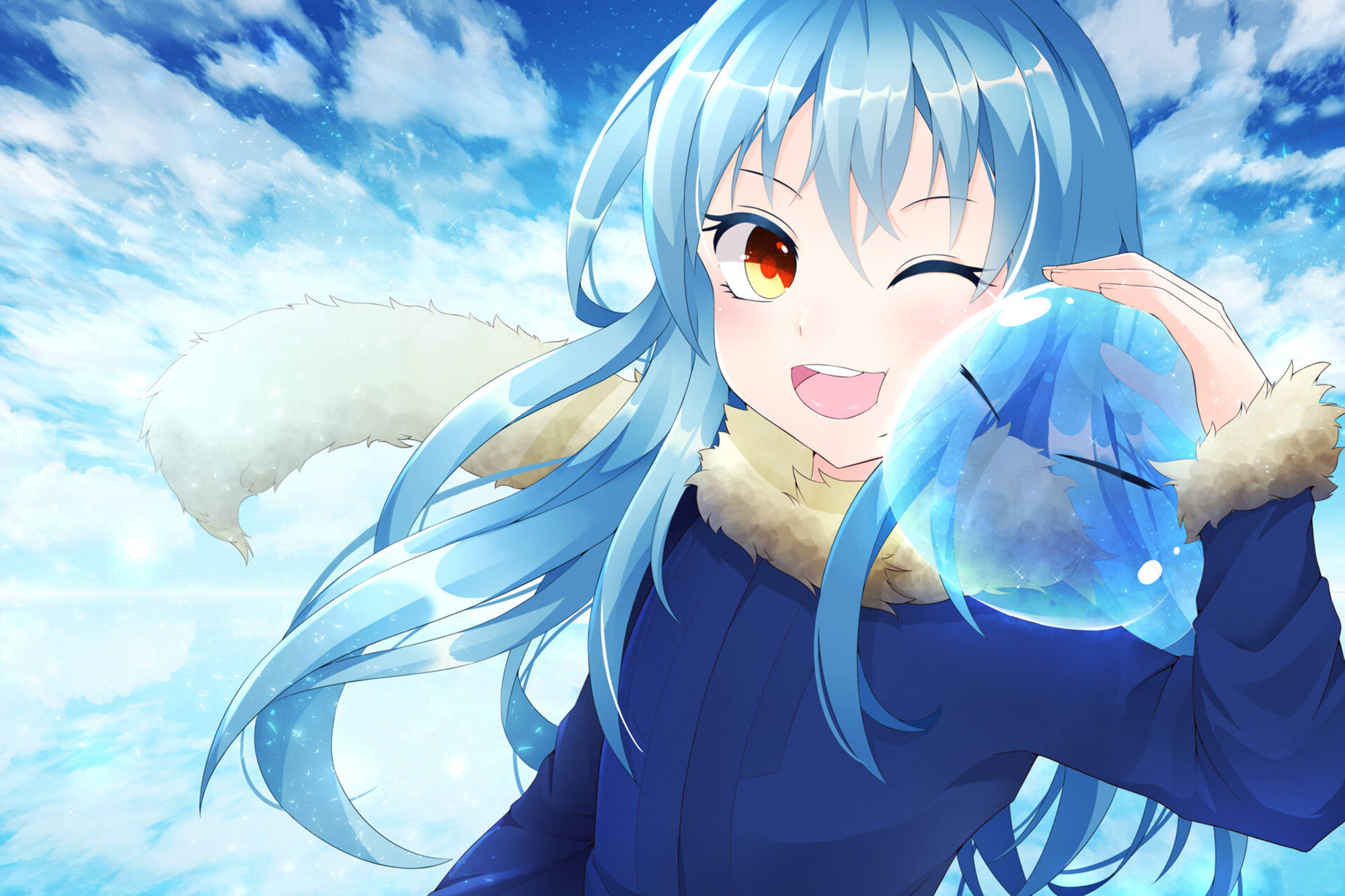 Rimuru 桌布 壁紙 — 一個藍髮狐耳的可愛動漫女孩，在明亮的陰天中手持發光的冰球。