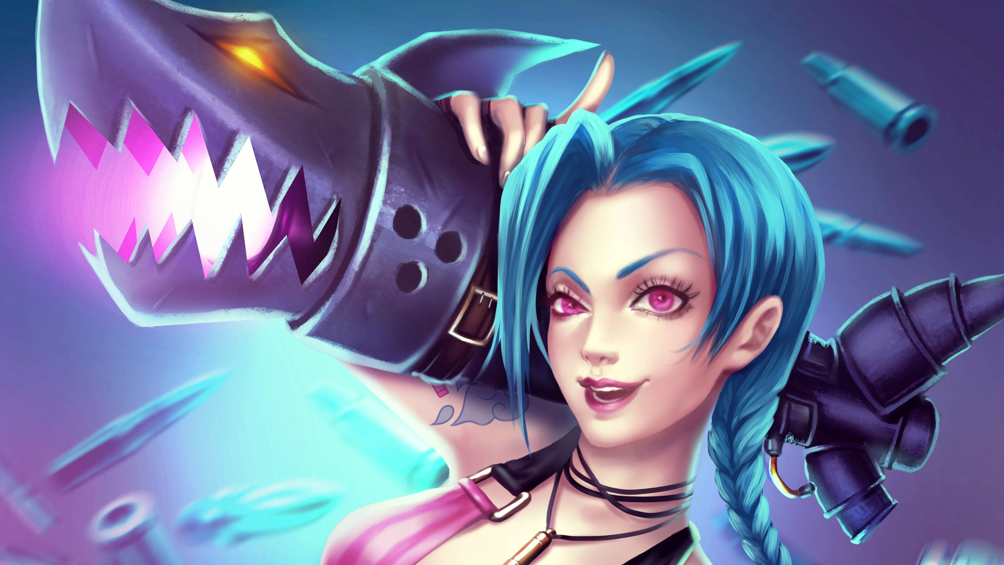 Jinx 桌布 壁紙 — 一個藍髮的兇猛動漫女子在浮動的子彈中揮舞著發光的鯊魚頭武器，背景是充滿活力的紫色和青色數位場景。